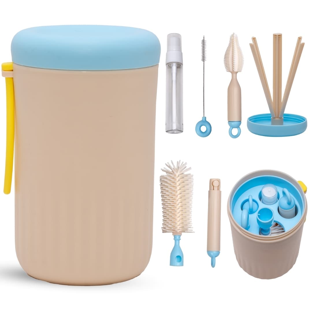 Adore Advanced PRACTO-The Smart Travel Bottle Cleaning Brush Kit & Drying Rack with Storage Case- Blue