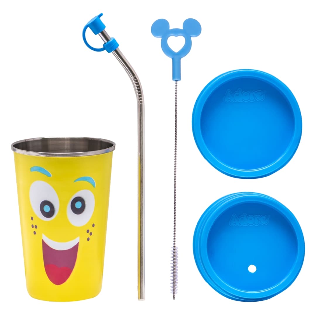 Adore Blissful! The Character Printed Steel Tumbler with Straw Lid Cap, Straw, Straw Brush set- 350ml- Smiley