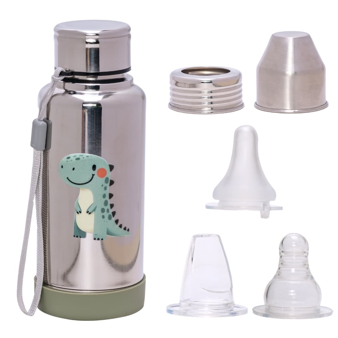 Adore Super Flow 3 Stage Multipurpose Double Wall Printed Insulated Thermos Baby Feeding Bottle Set with Silicon Base -300ml- Green Dino