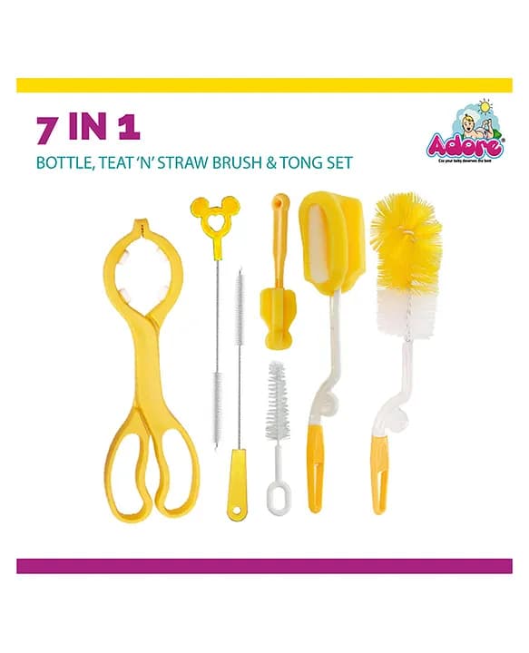 Basics 7 in 1 Baby Bottle Cleaning Brush kit with Scissor Tong- Multicolor Multicolor