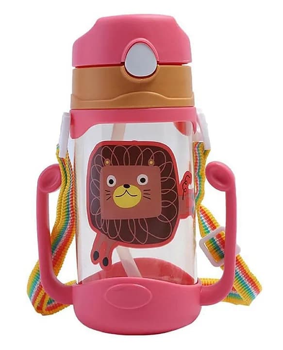 JAFFA Lion Themed U Handle Straw Sipper with Adjustable Strap - Tied Ribbons Kid's Plastic Water Bottle BPA-Free 400ml (Pink)