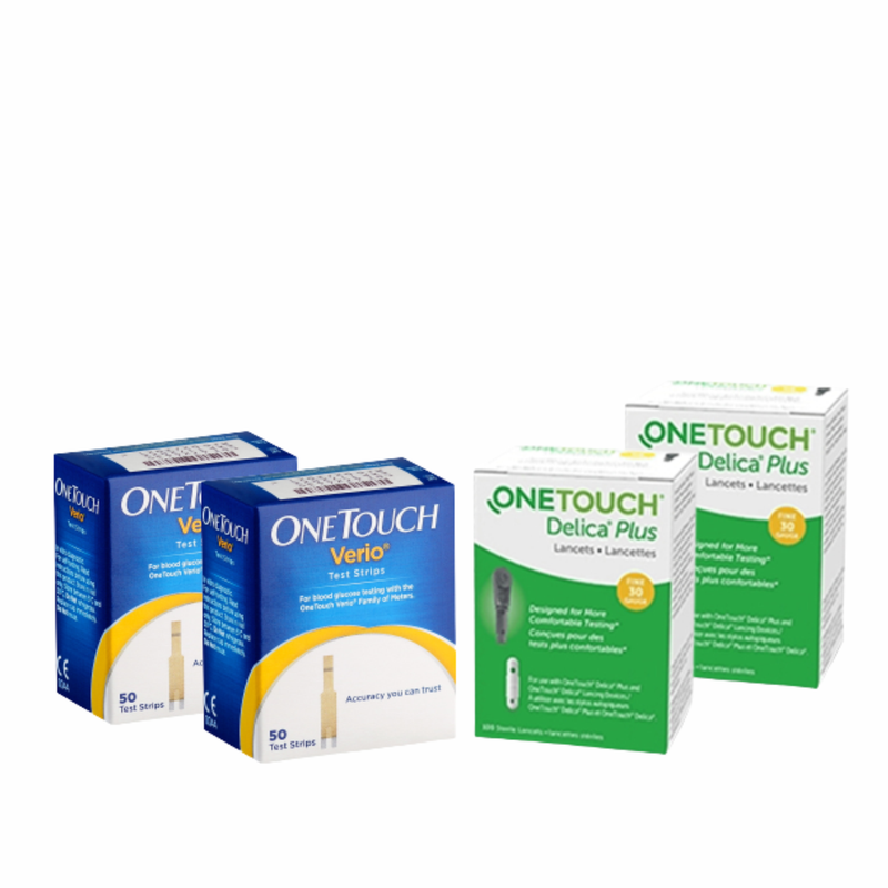 OneTouch Verio Test Strips | Pack of 100 Test Strips along with 50 Delica Plus Lancets | Blood Sugar Test Machine Testing Strips | Global Iconic Brand | For use with OneTouch Verio Flex Glucometer
