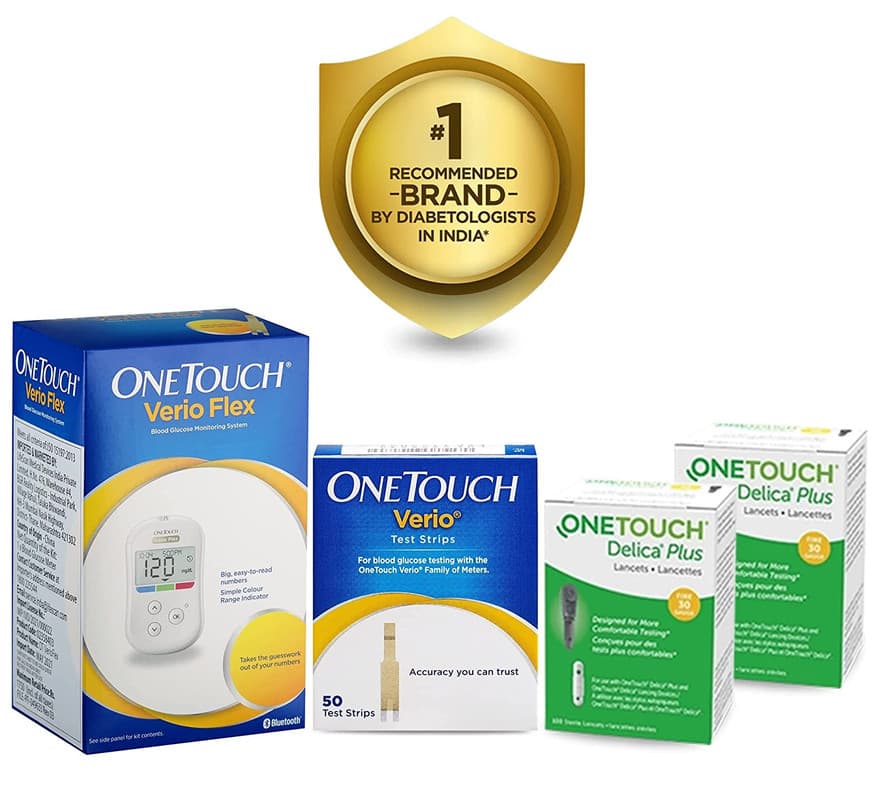OneTouch Verio Flex glucometer machine with 50 Test Strips and 50 additional lancets (total 60 sterile lancets) | Sync your results with OneTouch Reveal mobile app| Simple & accurate testing of blood sugar levels at home | Global Iconic Brand