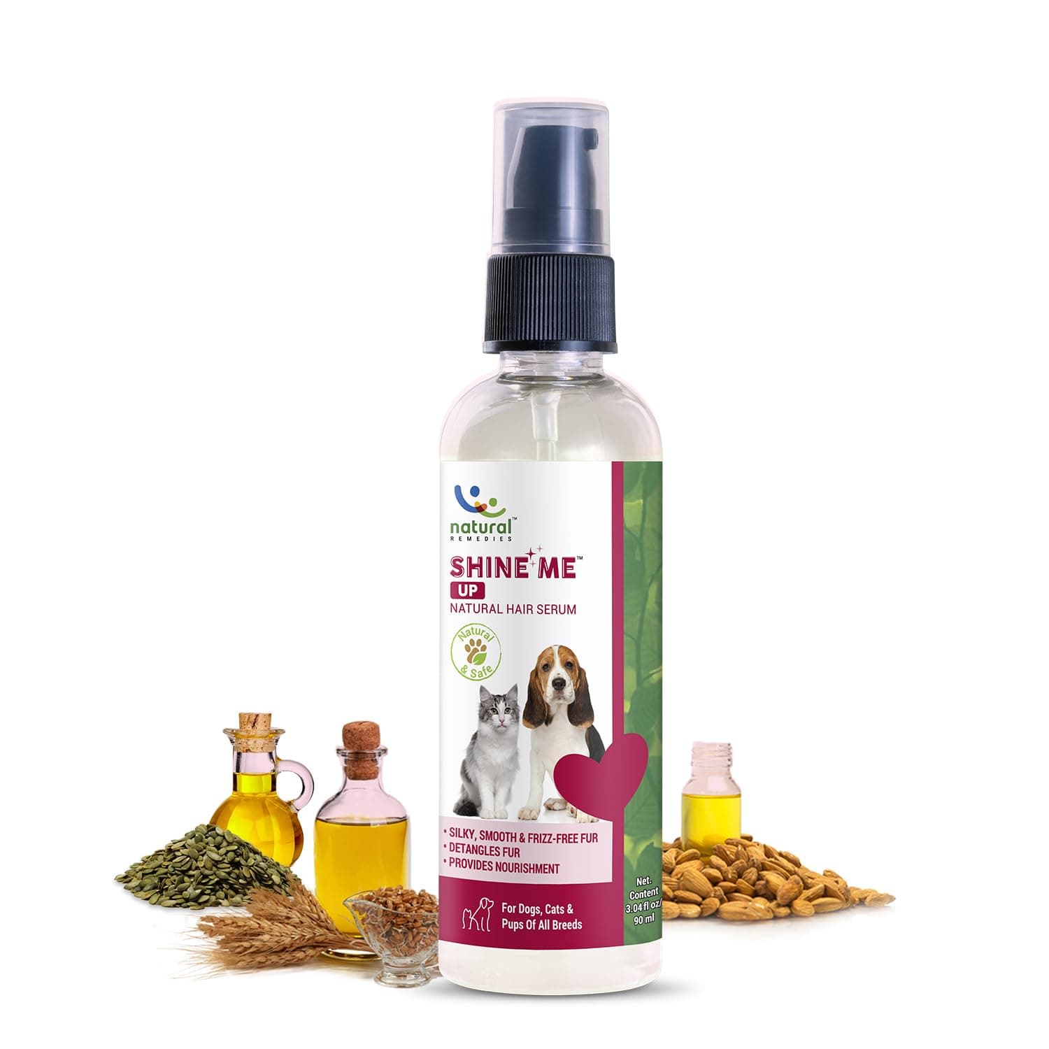 Natural Remedies Shine Me Up Natural Hair Serum for Silky, Smooth & Frizz-Free Coat, Pet Grooming, Moisturizing, Detangler, Shiny Coat for Dogs, Cats & Puppies of All Breeds, Natural & Safe, 90ml