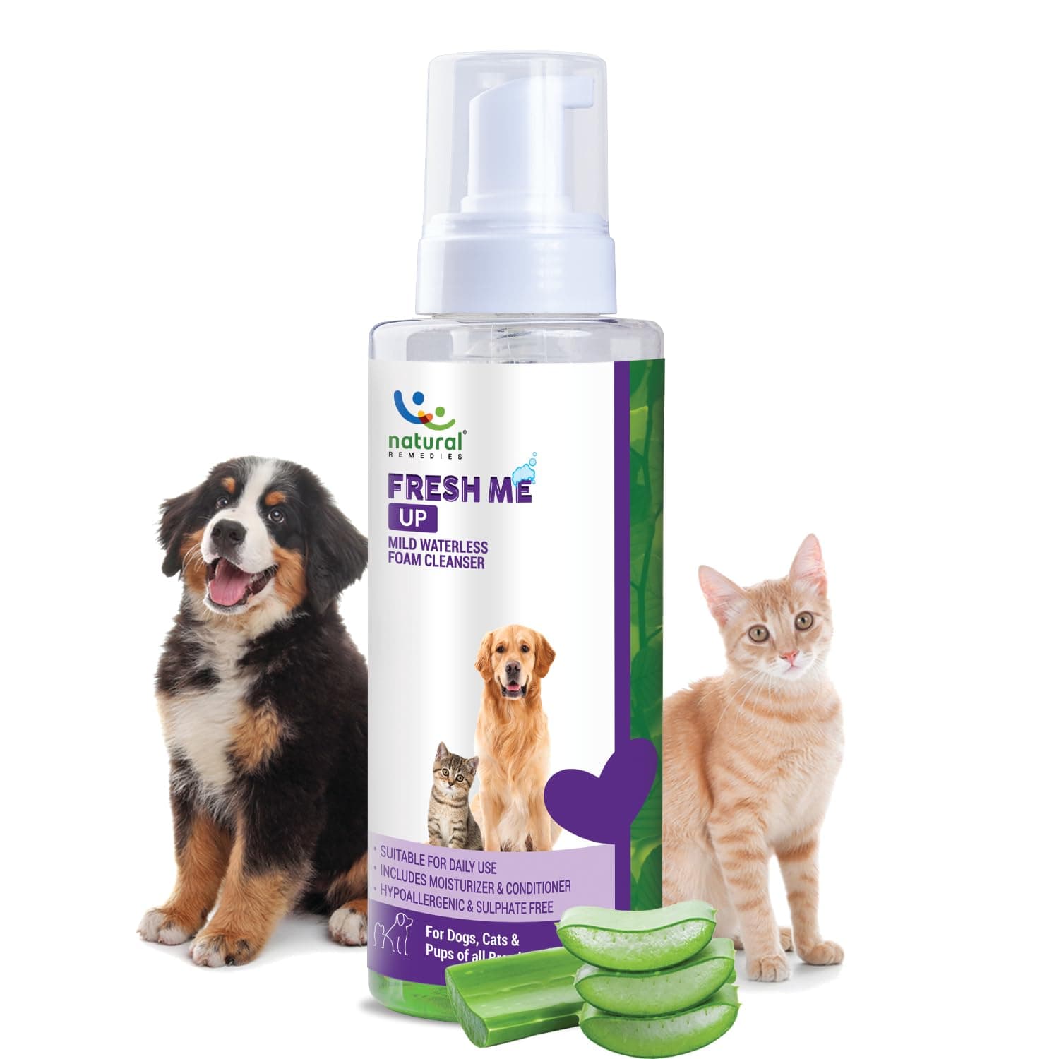 Natural Remedies Fresh Me Up Mild Waterless Foam Cleanser Dry Shampoo for Dogs, Cats & Pups of All Breeds, Moisturizer & Conditioner, Daily Use, Lick Safe, Natural and Safe, 450 Ml