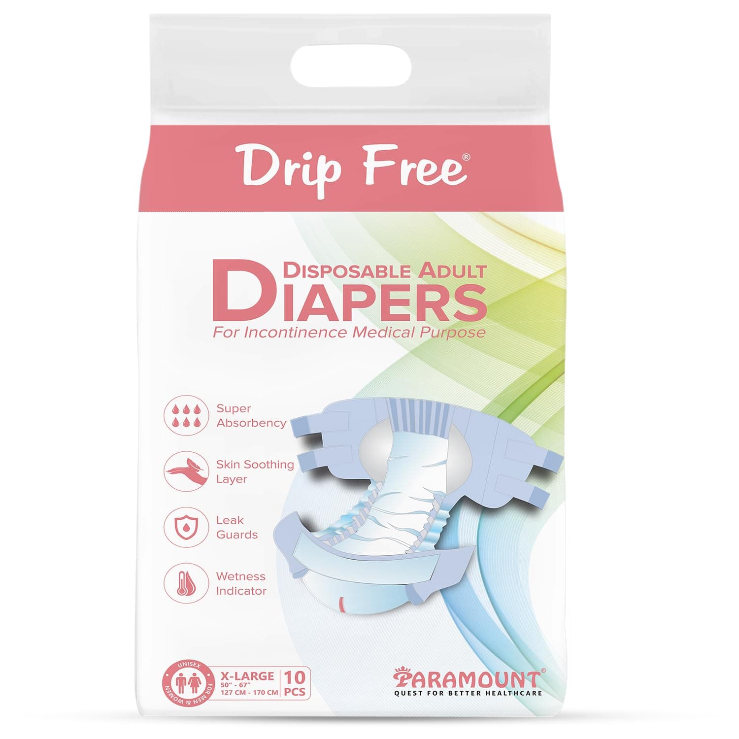Drip Free Adult Diapers, Tape Style, Extra Large (XL) Size, 10 Count, Waist Size (127-170cm | 50"- 67" Inch), Unisex, High Absorbency, Leak Proof, Wetness Indicator