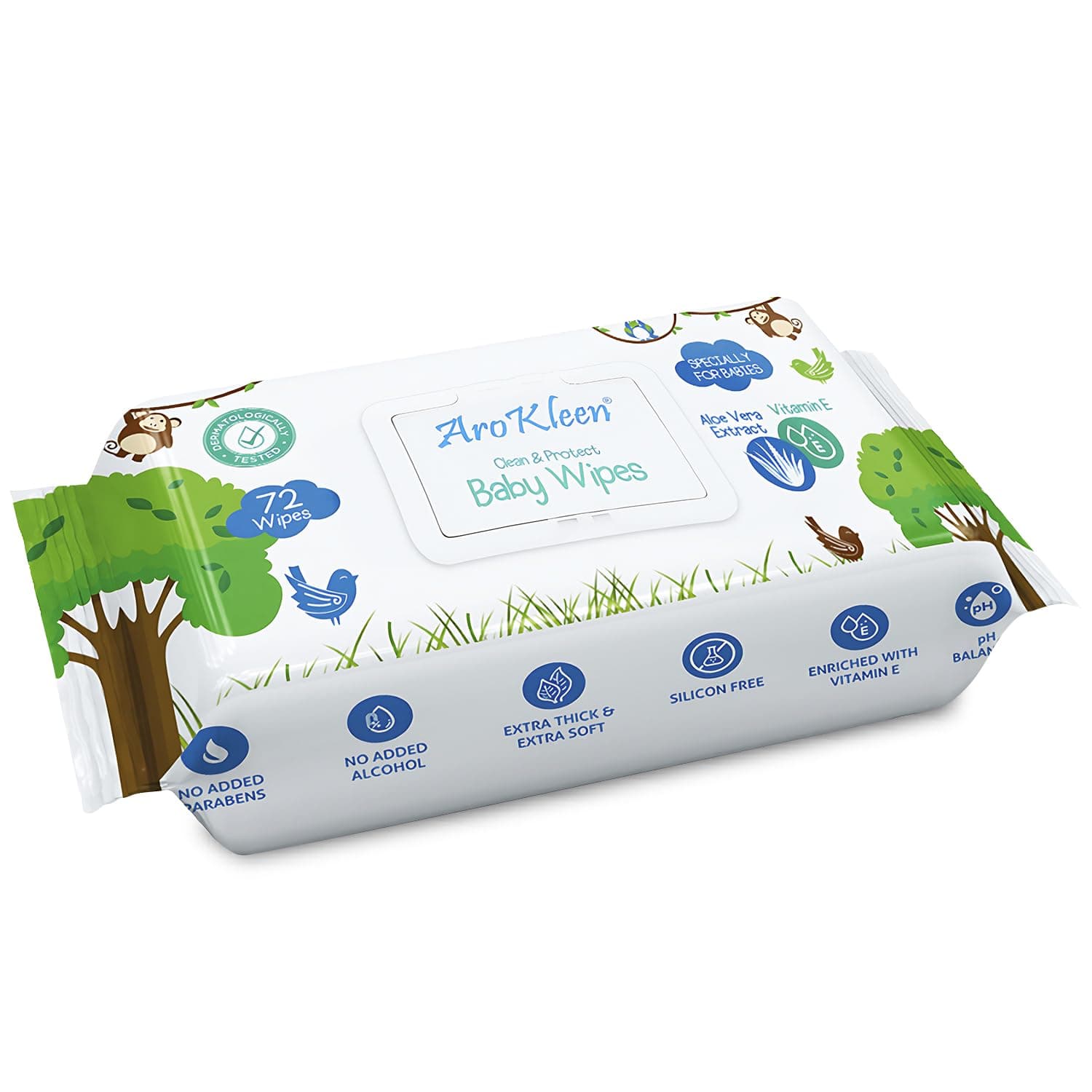 Aro Kleen Pure Water Cleansing Baby Wipes With Aloe Vera & Vitamin E 72 Wipes/Pack (Pack Of 1),3 X Thicker & Soft,Moisturising Wipes For Baby Skin,Paraben Free,With Fragrance,Silicon Free Ph Balanced
