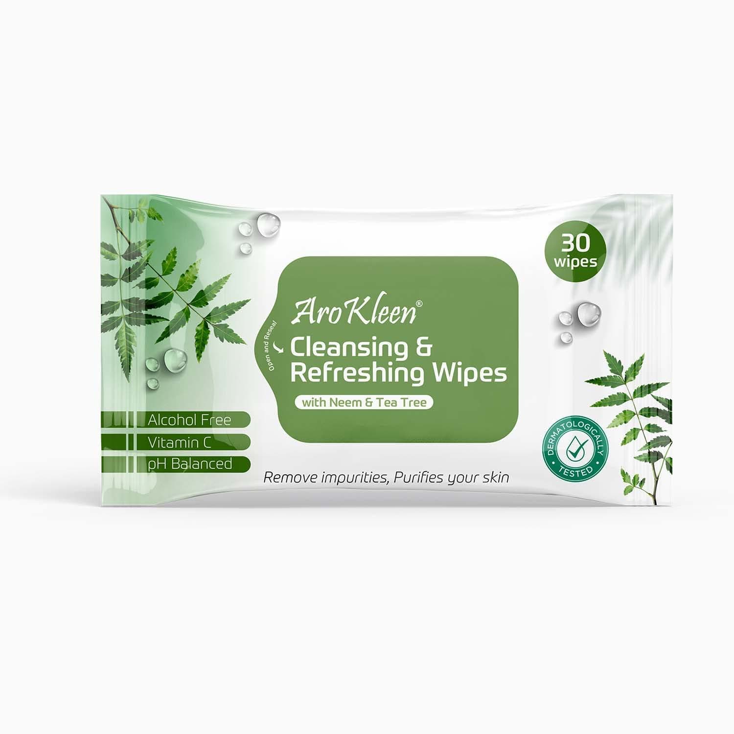 Arokleen Natural Daily Cleansing & Refreshing Facial Wet Wipes With Neem & Tea Tree | Removes Oil & Dirt | Make Up Remover Wipes | Hydrating - Clinically Tested- 30 WIPES (PACK OF 1)
