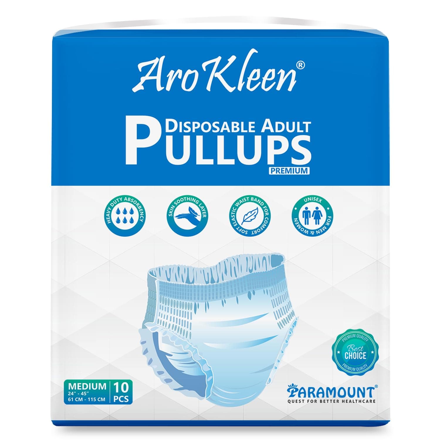 AROKLEEN Premium Adult Pull-Up Diaper Pants Medium Size, 10 Count | Waist Size 61-115 CM | 24"-45" Inches | Unisex | High Absorbency | Leak-Proof Protection Pack of 1