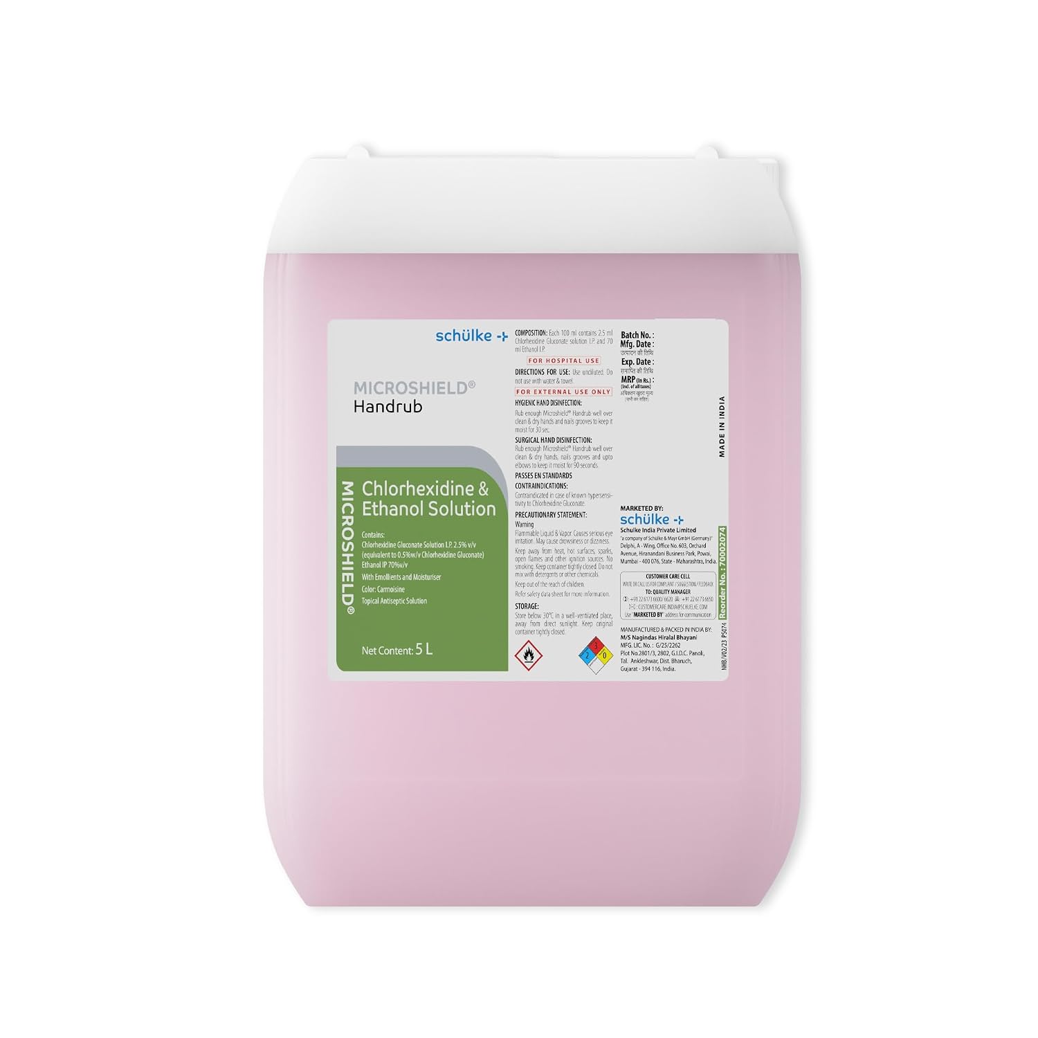 Microshield Handrub 5 ltr (CHG + Ethanol) - Trusted by Doctors, 99.99% Effective against Germs, Skin Friendly, Passes EN Standards