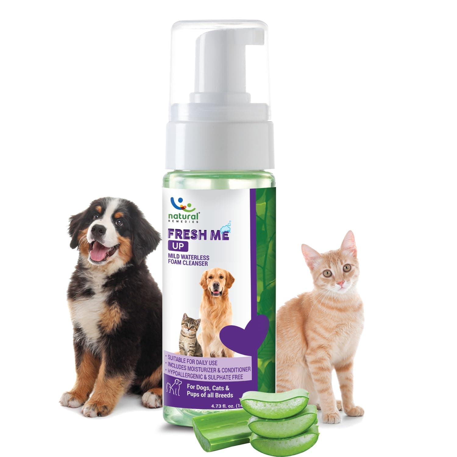 Natural Remedies Fresh Me Up Mild Waterless Foam Cleanser Dry Shampoo for Dogs, Cats and Pups of All Breeds, Moisturizer & Conditioner, Daily Use, Lick Safe, Natural and Safe, 140 ml