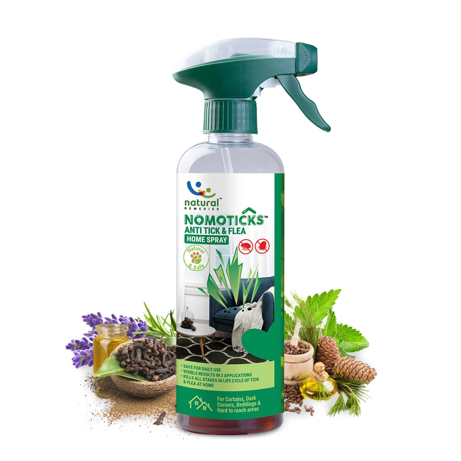 Natural Remedies Nomoticks Anti-Tick & Flea Home Spray, Kills Ticks & Fleas for Pet Beds,Furniture & Cracks, Fast-Drying, Non-Sticky, Daily Use, Natural Ingredients, Safe for Dogs, Cats & Pups-450 ml