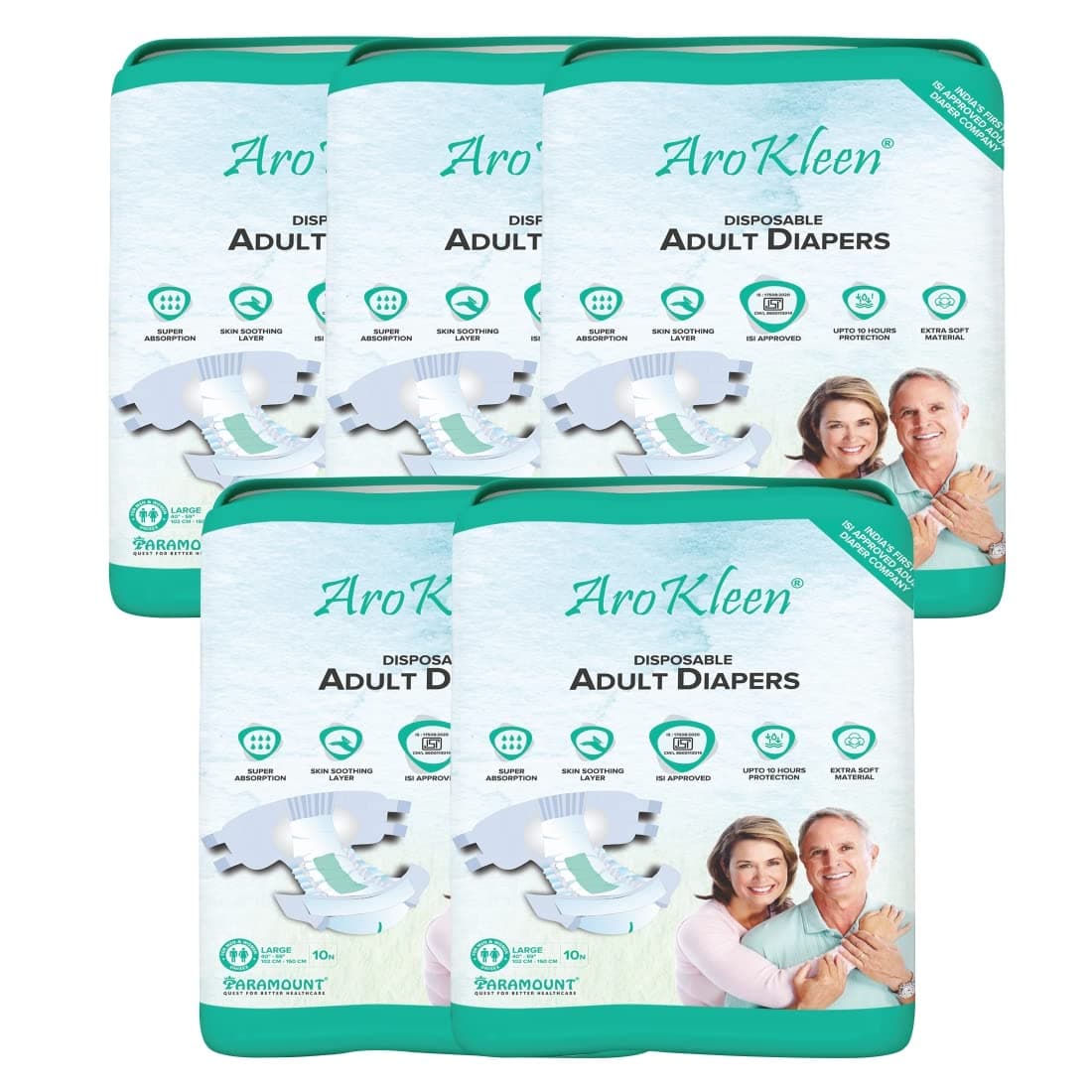 AROKLEEN ( ISI CERTIFIED ) Premium Adult Diaper With Odour Lock & Anti-Bacterial Absorbent Core | Tape Style | Bigger Cotton Core | Laminated Back Sheet | Wetness Indicator - LARGE SIZE ( L ) ( 102 - 150 CM || 40"- 59" Inch)- PACK OF 5 ( 50 COUNTS )