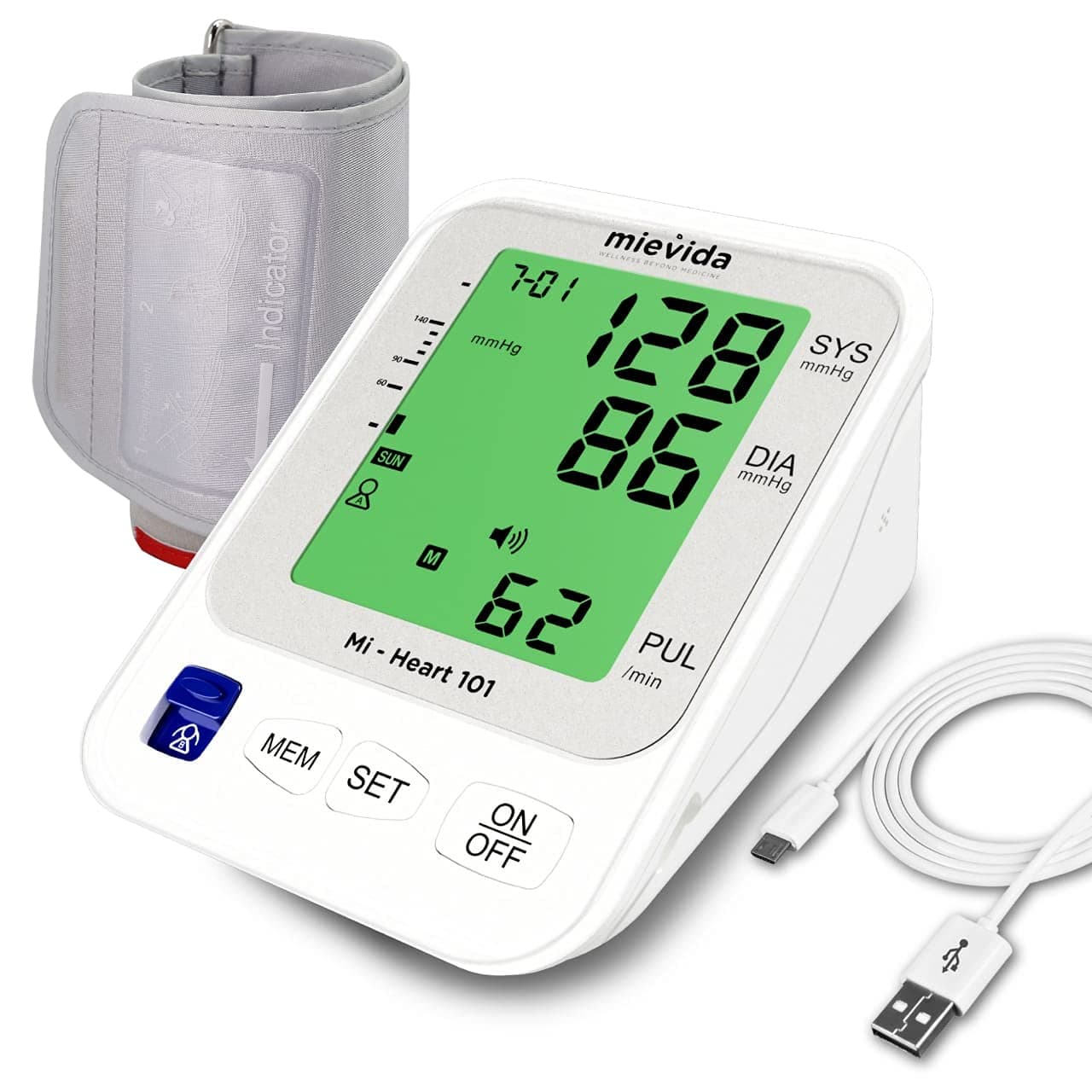 Mievida Mi Heart 101 Fully Automatic Digital Blood Pressure Monitor, Most Accurate BP Checking Machine with Smart 3 Colored Backlight Display of 4.3 Inches, USB Cable, Dual User, and Voice Feature