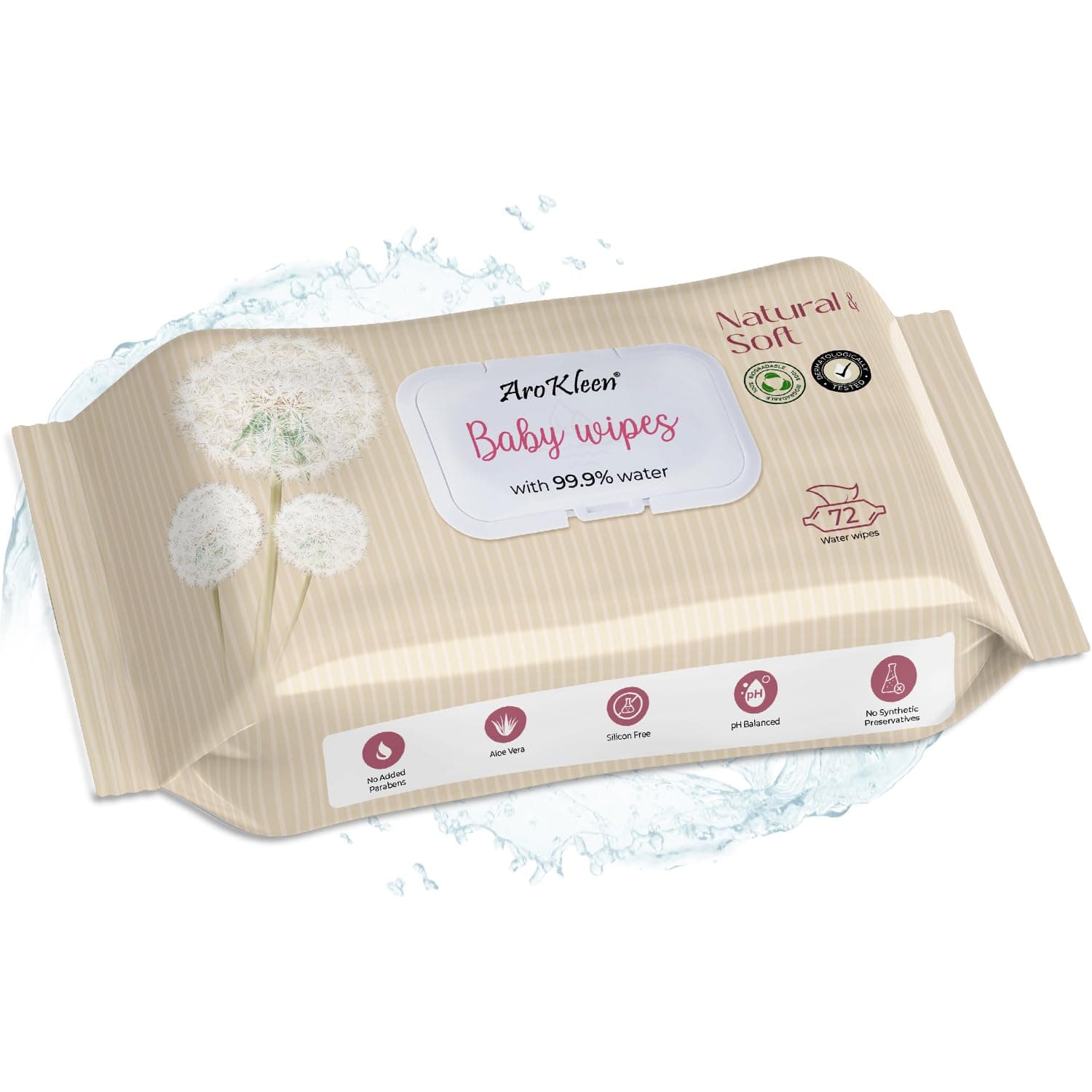 AroKleen 99.99% Pure Water 72 Count Baby Wipes with lid I Rash-Free Wipes | Dermatologically Tested | Plant Based - 100% Biodegradable Wipes for Babies | 3X Super Thick | Aloe Vera & Calendula Oil | Alcohol Free- Pack Of 1