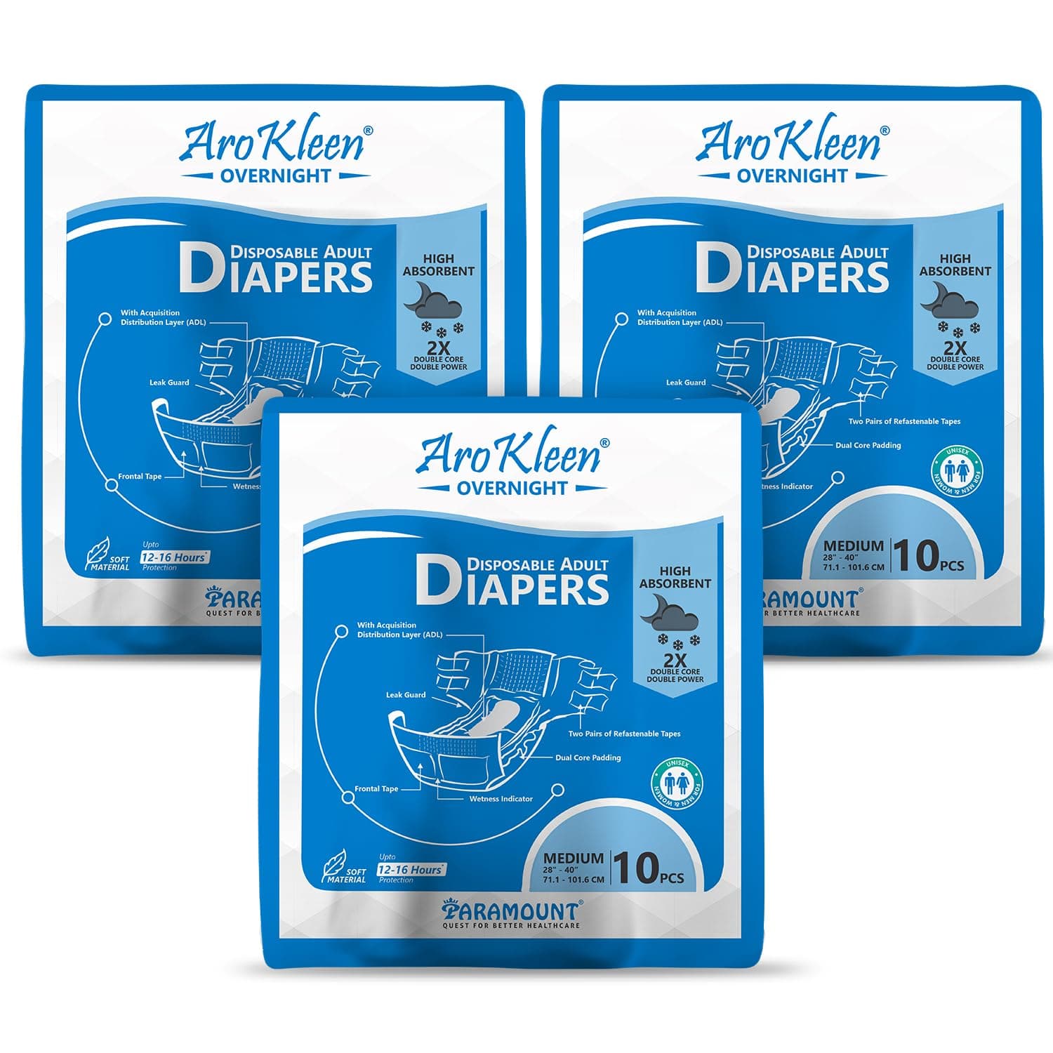 AroKleen 2X Dual Core Overnight 30 Count Adult Diapers Tape Style | Medium (M) | Waist Size 71-101 Cm (28"- 44") | 16 hr Absorption Protection | Unisex | Leak Proof | Wetness Indicator- Pack of 3