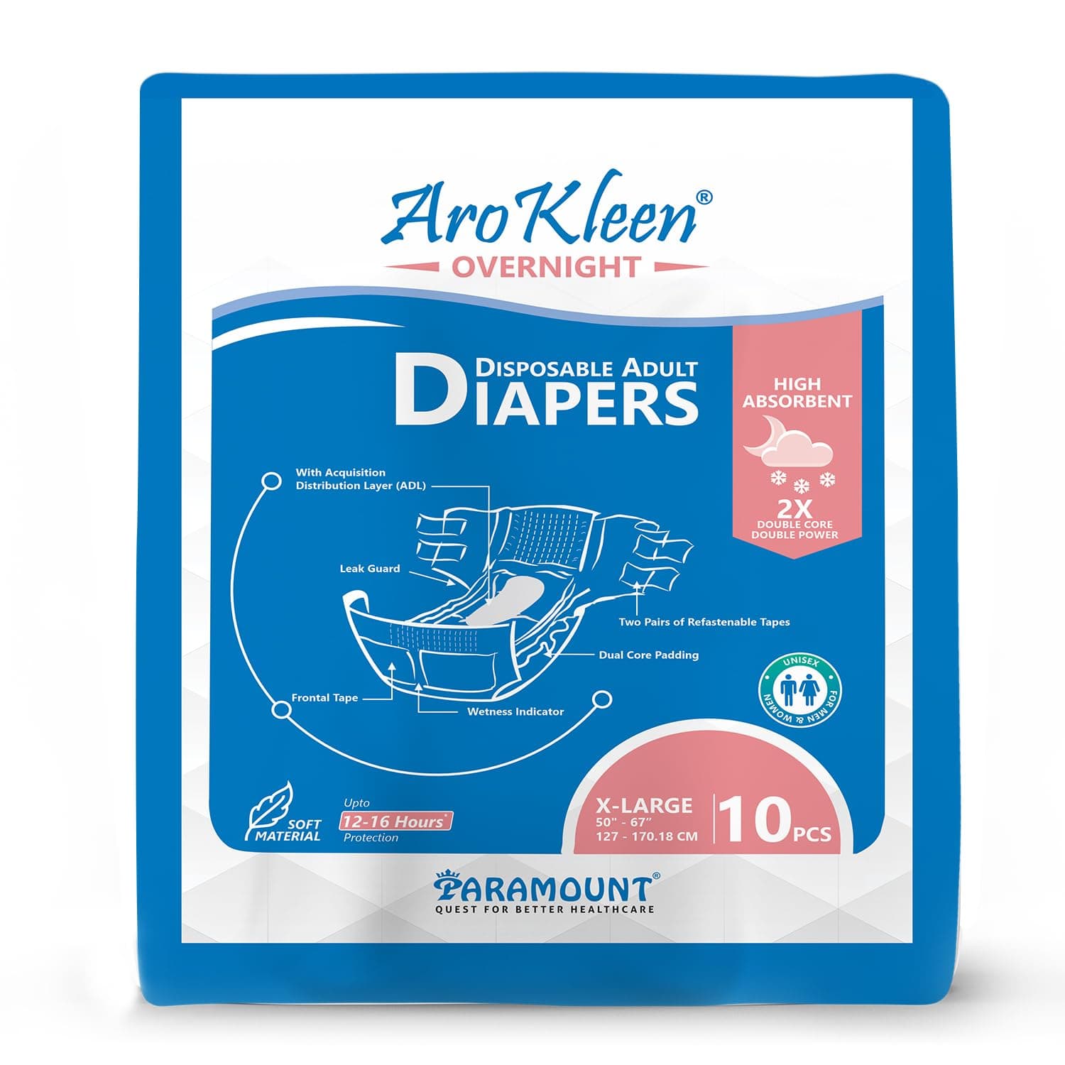 AROKLEEN 2X Overnight Adult Diapers Tape Style | Extra Large Size (XL) | Waist Size 127-170 Cm (50"- 67") | 16 hr Absorption Protection | Unisex | Leak Proof | Wetness Indicator- 10 Counts