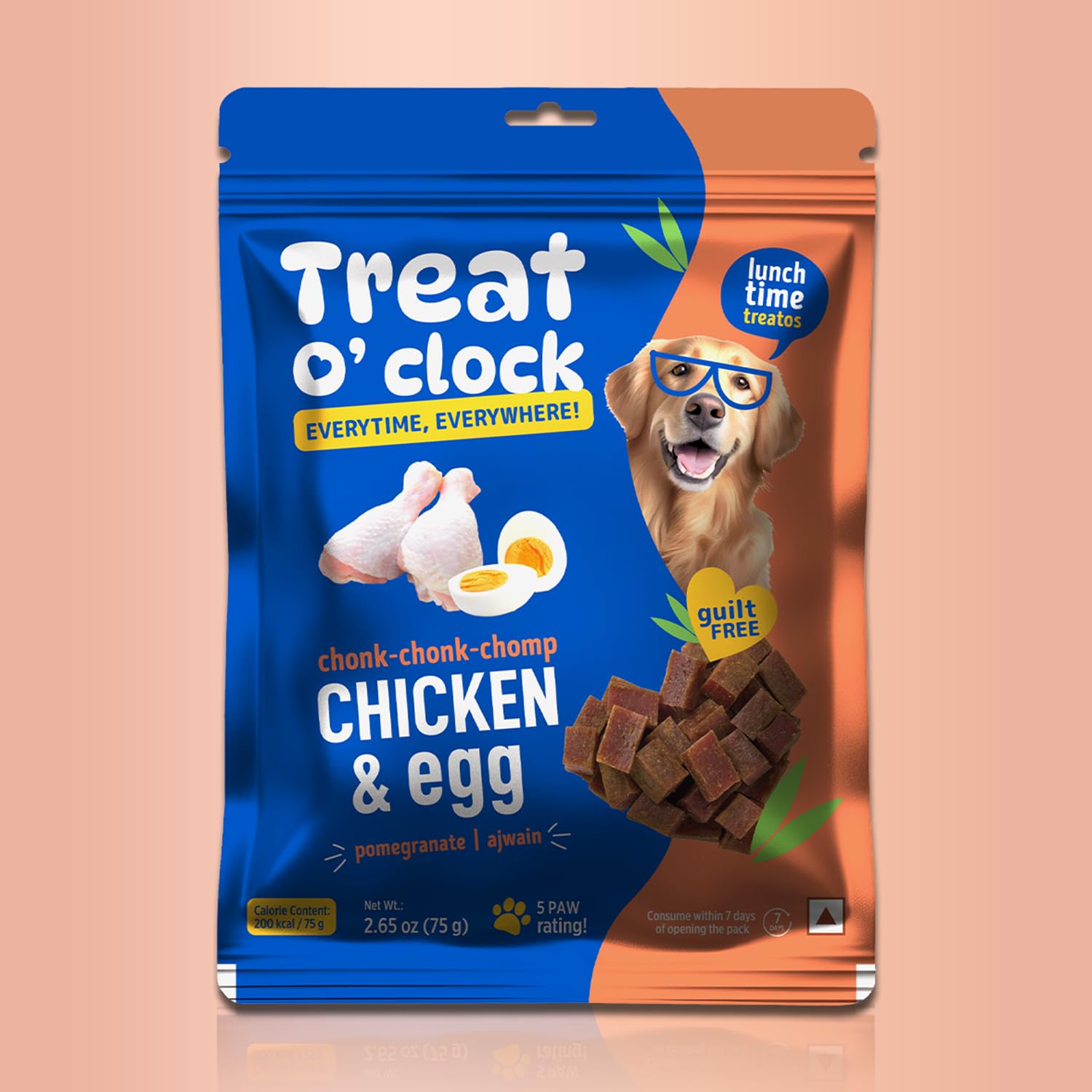 Natural Remedies Treat O'clock Chicken and Egg Treats- 75 gm, Lunch Time Food, Snacks, Sticks, Chews, Cubes for Dogs, Cats and Pups of All Breeds, Gluten Free with Pomegranate and Ajwain