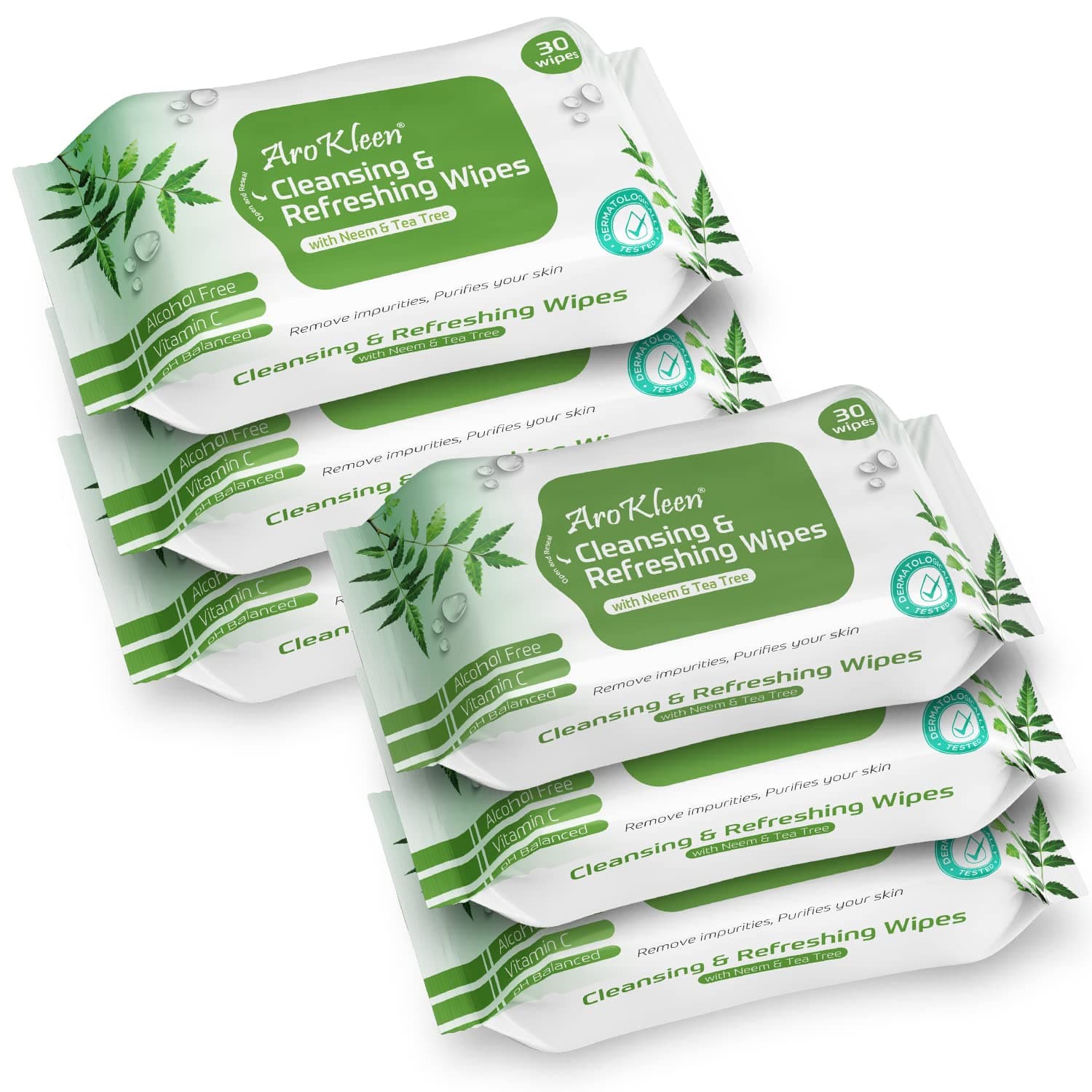 Arokleen Natural Daily Cleansing & Refreshing Wet Wipes With Neem & Tea Tree | Facial Wipes | Alcohol Free, Vitamin C & pH Balanced | Removes Oil & Dirt & Moisturizes Skin | Make Up Remover Wet Wipes | Paraben Free | Hydrating & Soothing | Removes Waterproof Mascara- Clinically Tested- 180 WIPES ( PACK OF 6 )