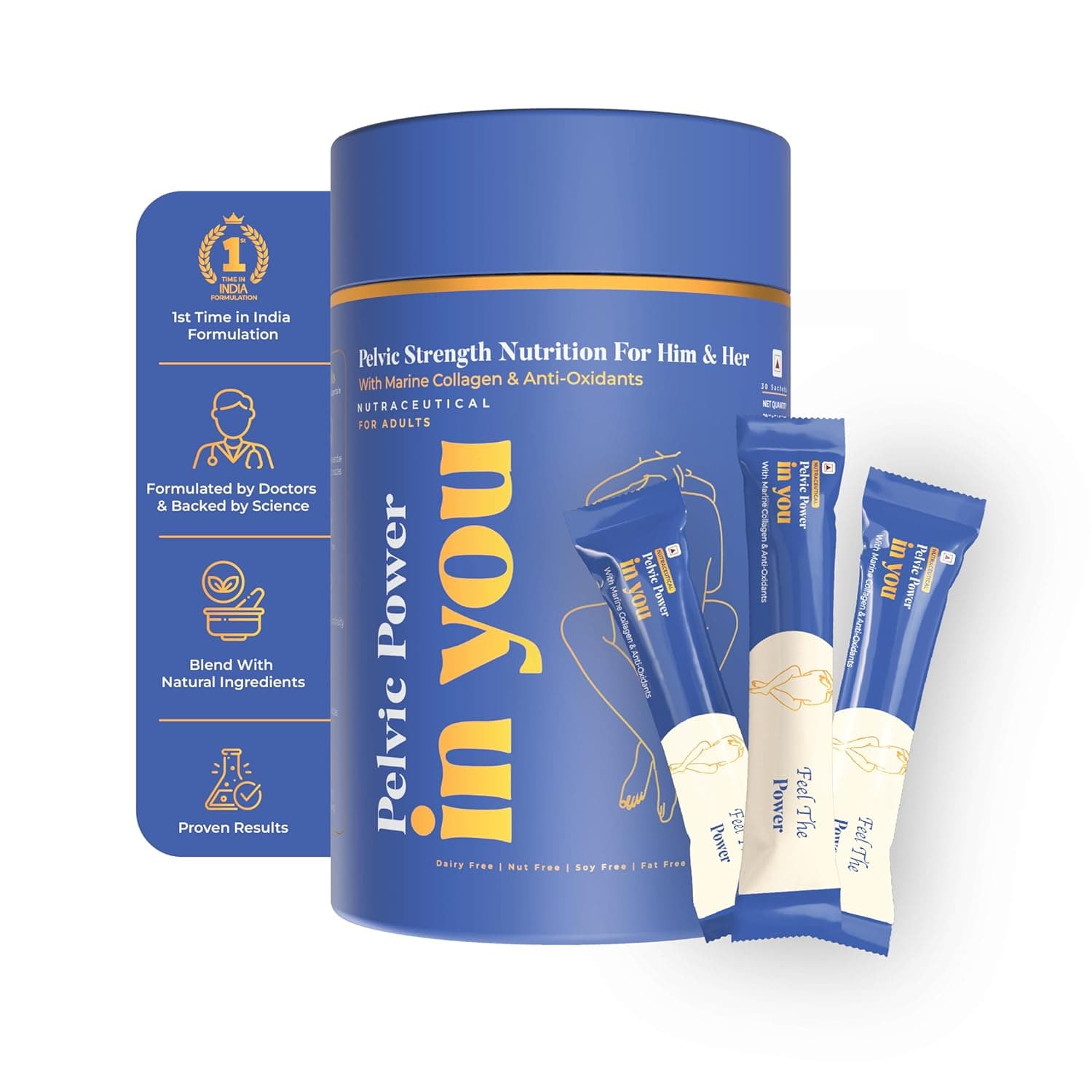 InYou Pelvic Support and Core Muscles Strengthening supplement- with Marine Collagen, Hyaluronic Acid & Multivitamins (Men & Women - 30 Sachets, 8g Each)