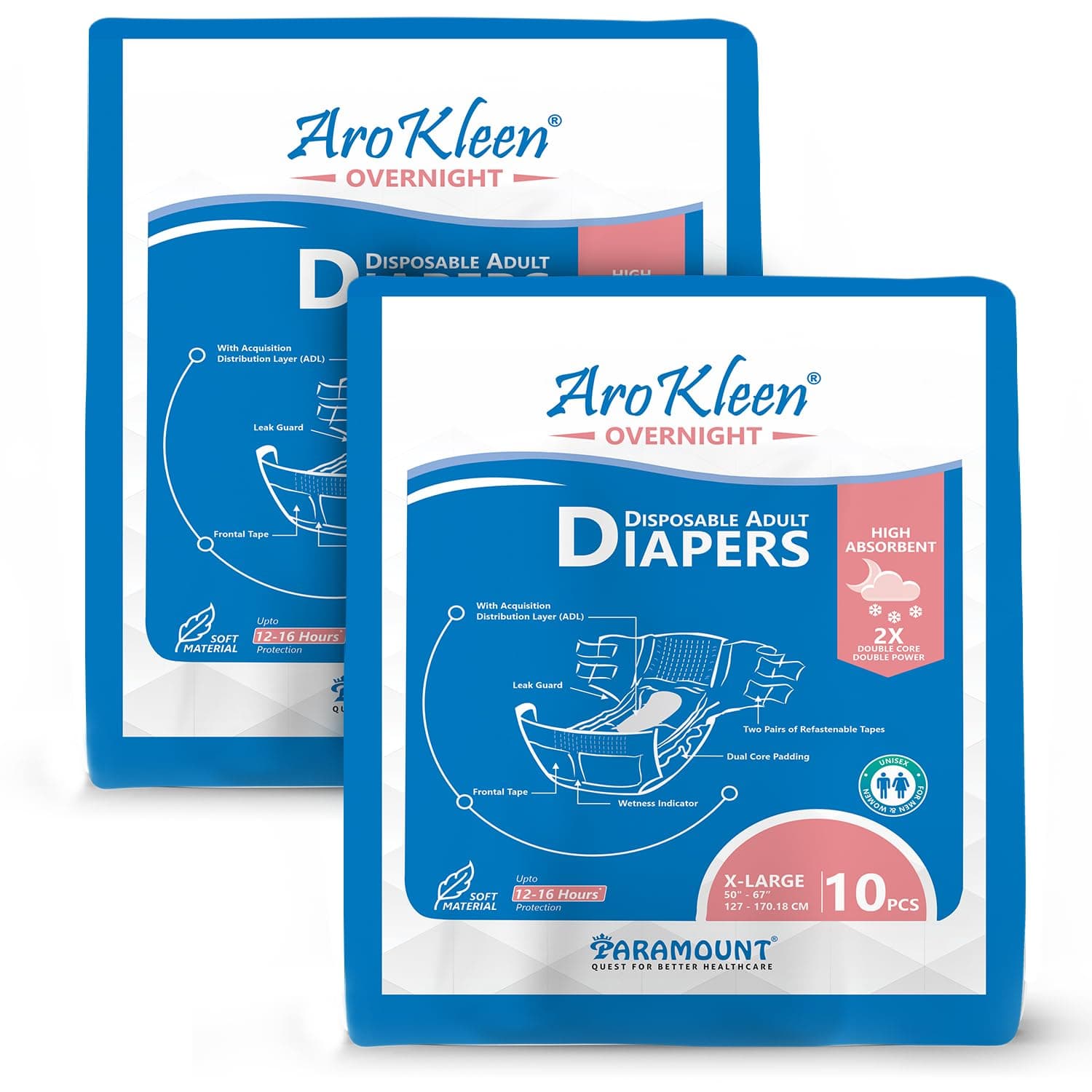 AROKLEEN 2X Overnight 20 Count Adult Diapers Tape Style | Extra Large Size (XL) | Waist Size 127-170 Cm (50"- 67") | 16 hr Absorption Protection | Unisex | Leak Proof | Wetness Indicator- Pack of 2
