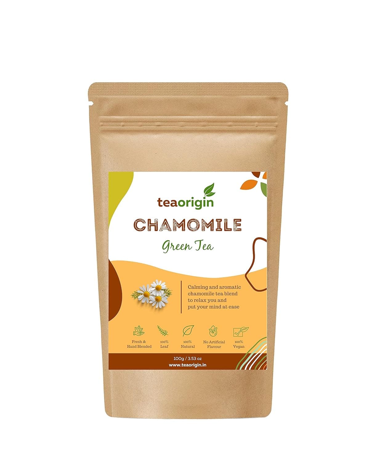Tea Origin Chamomile Green Tea | 100% Natural Ingredients | Whole Leaf Green Tea Leaves & Chamomile Flower Petals | Promotes Quality Sleep & Healthy Skin, Relieves Stress | 100gm | Serves 50+ Cups