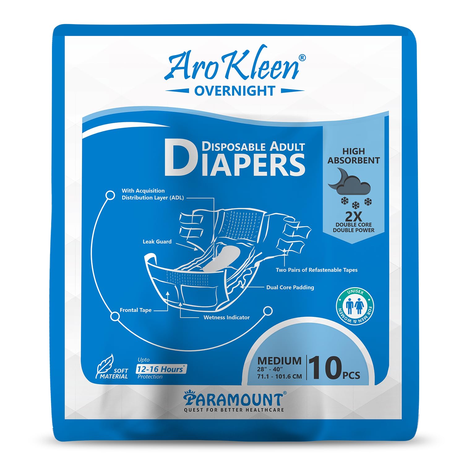 Aro Kleen 2X Overnight Adult Diapers Tape Style|Medium Size (M)|Waist Size 71-101 Cm (28"- 44")|16 Hr Absorption Protection|Unisex|Leak Proof|Wetness Indicator- 10 Counts