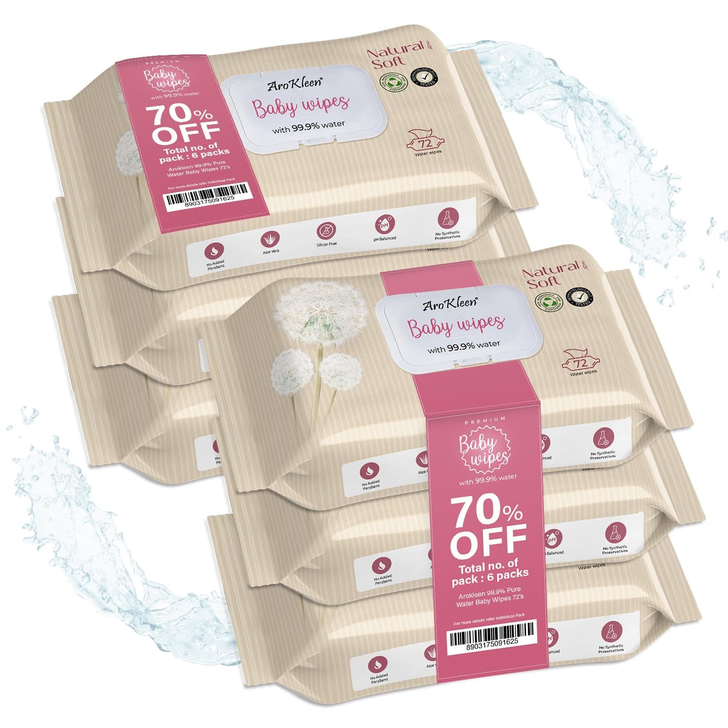 Aro Kleen 99.99% Pure Water 432 Count Baby Wipes With Lid I Rash-Free Wipes | Dermatologically Tested | Plant Based - 100% Biodegradable Wipes For Babies | Alcohol Free- Pack Of 6