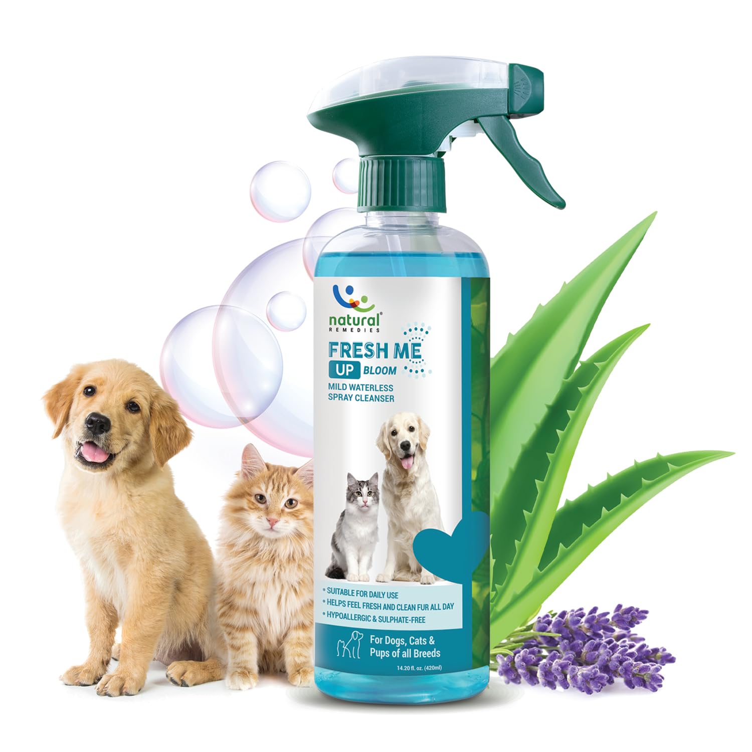 Natural Remedies Fresh Me Up Bloom Mild Waterless Spray Cleanser for Dogs & Cats of All Breeds, Odor Control, Deep Cleans, Hydrates, Pet Grooming Shampoo, Lick Safe, Hypoallergenic, 420ml