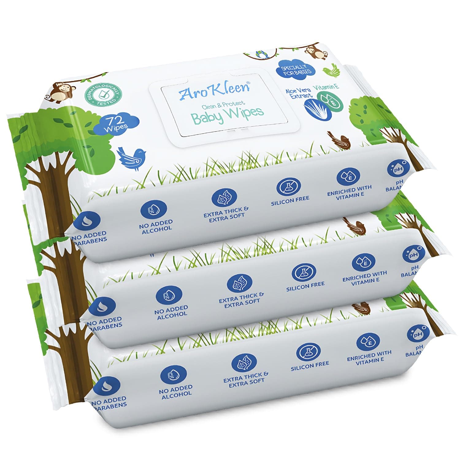 AROKLEEN Baby Wipes Aloe Vera & Vitamin E 216 Count Thick & Soft Wipes Gentle & Moisturizing Dermatologically Tested Pack of 3