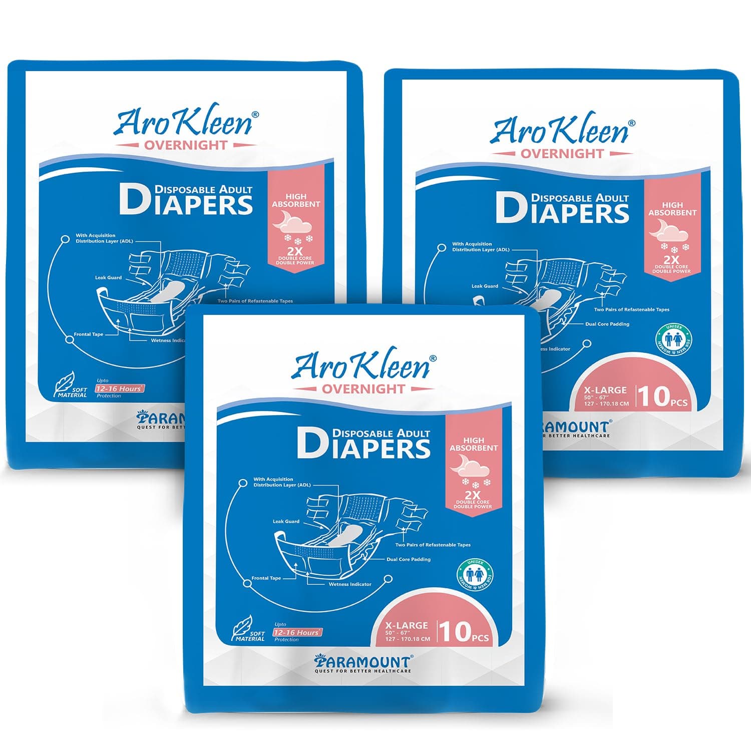 AroKleen 2X Dual Core Overnight 30 Count Adult Diapers Tape Style | Extra Large (XL) | Waist Size 127 - 170 Cm (50"- 67") | 16 hr Absorption Protection | Unisex | Leak Proof | Wetness Indicator- Pack of 3