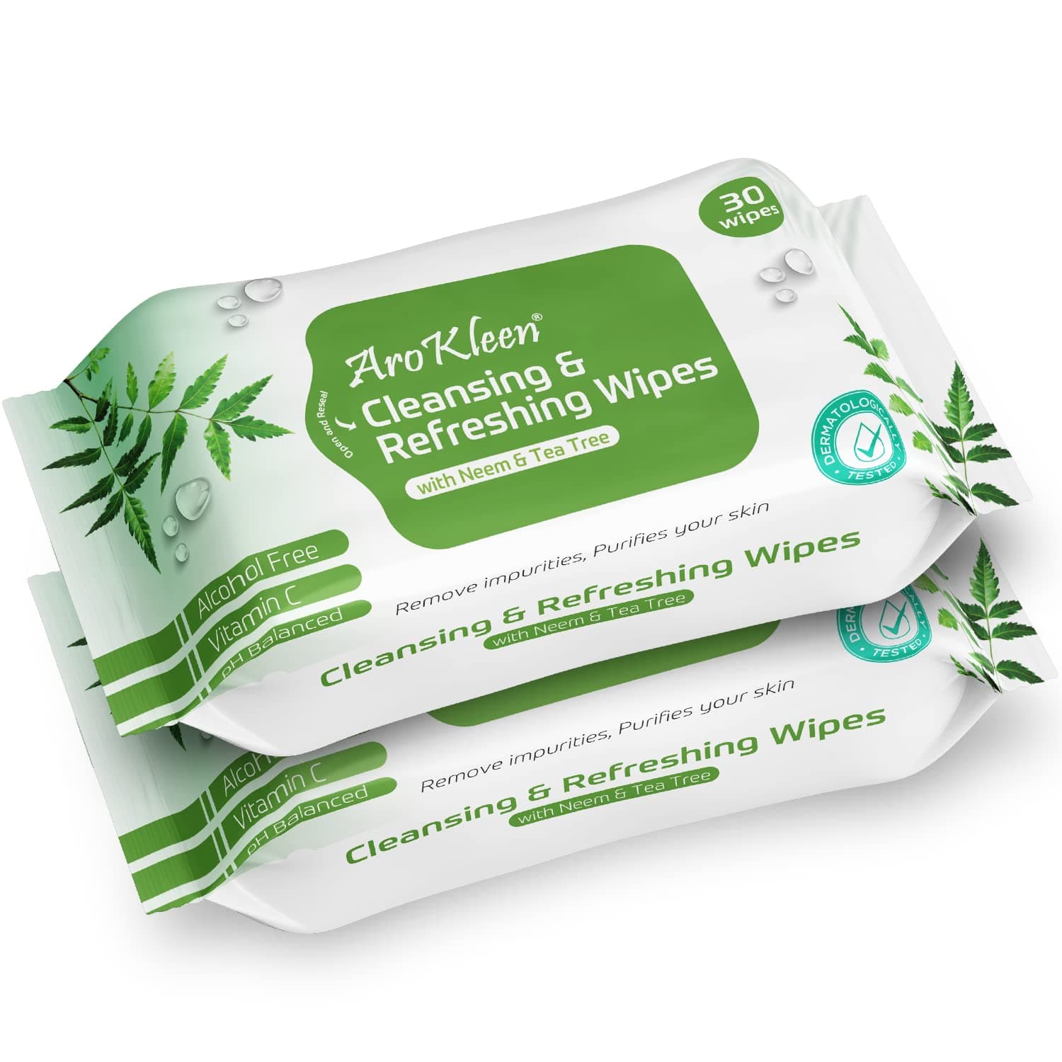 Arokleen Natural Daily Cleansing & Refreshing Wet Wipes With Neem & Tea Tree | Facial Wipes | Alcohol Free, Vitamin C & pH Balanced | Removes Oil & Dirt & Moisturizes Skin | Make Up Remover Wet Wipes | Paraben Free | Hydrating & Soothing | Removes Waterproof Mascara- Clinically Tested- 60 WIPES ( PACK OF 2 )