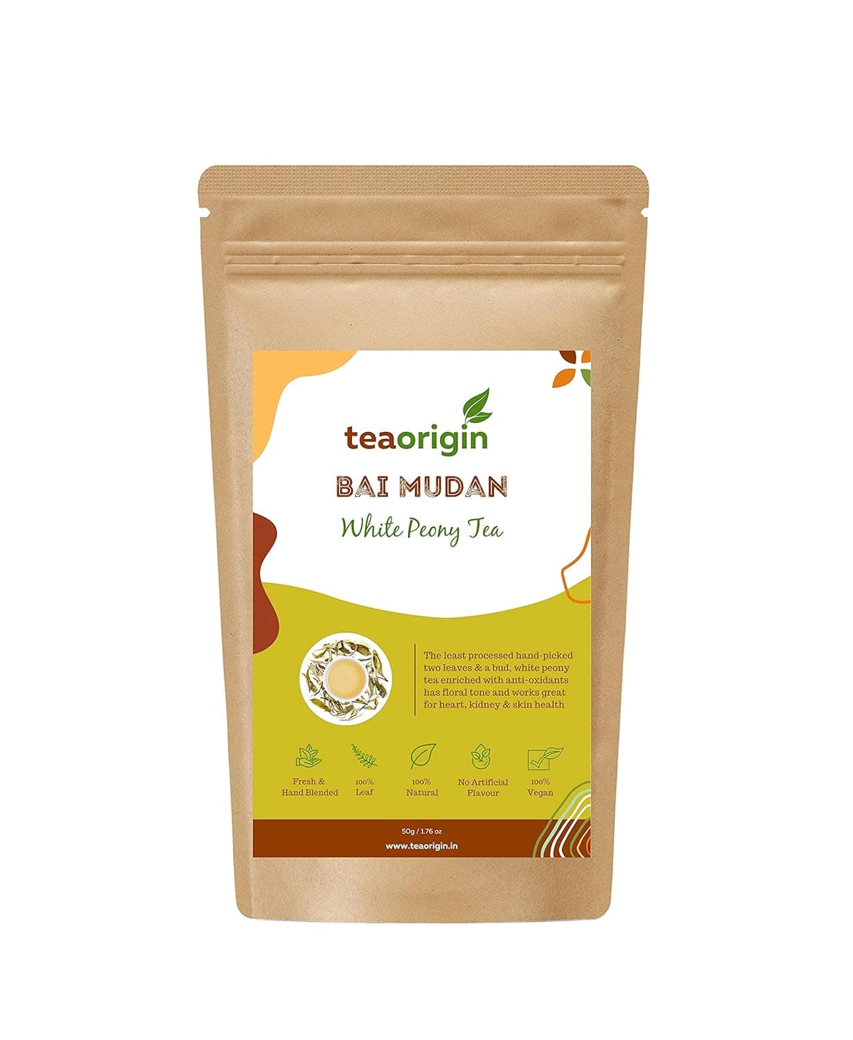 Tea Origin White Peony Tea | 100% Natural Ingredients | White Peony (Bai Mudan) Tea Leaves | Rich in Antioxidants, Promotes Kidney Health, Blood Circulation, Weight Loss, Skin Glow & Immunity | 50gm | Serves 25+ Cups
