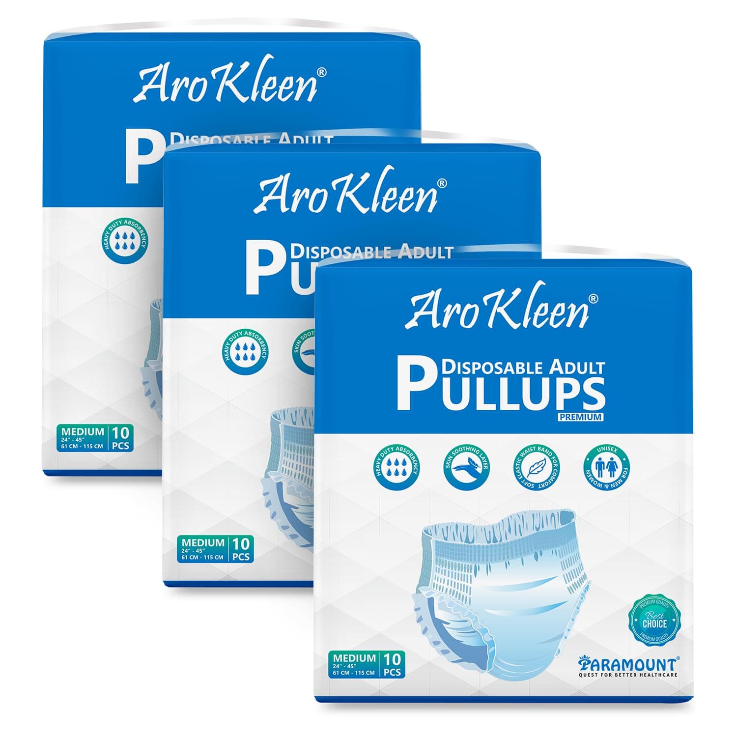 AROKLEEN Premium Adult Pull-Up Diaper Pants Medium Size, 30 Count | Waist Size 61-115 CM | 24"-45" Inches | Unisex | High Absorbency | Leak-Proof Protection Pack of 3