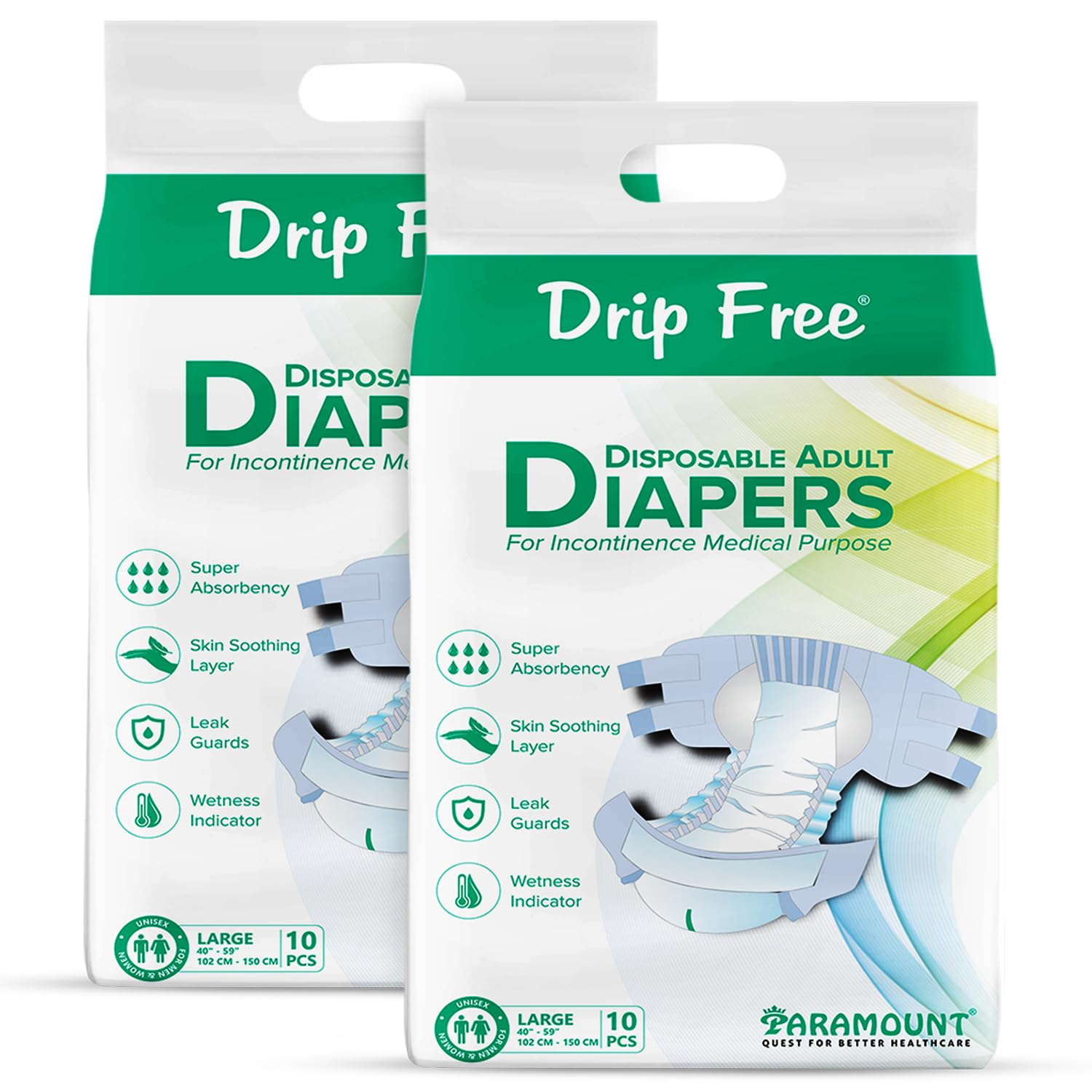 Drip Free Adult Diapers, Tape Style, Large (L) Size, 20 Count, Waist Size (102-150cm | 40"- 59" Inch), Unisex, High Absorbency, Leak Proof, Wetness Indicator