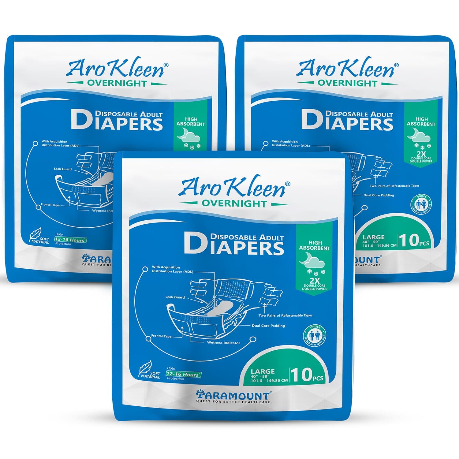 AROKLEEN 2X Overnight 30 Count Adult Diapers Tape Style | Large (L) | Waist Size 101-150 Cm (40"- 59") | 16 hr Absorption Protection | Unisex | Leak Proof | Wetness Indicator- Pack of 3