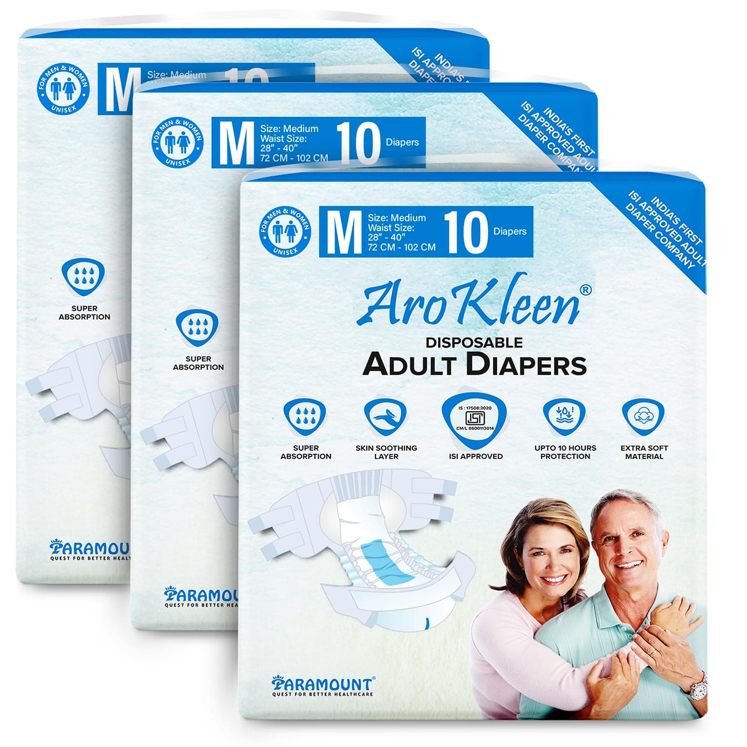 AROKLEEN ( ISI CERTIFIED ) Premium Adult Diaper With Odour Lock & Anti-Bacterial Absorbent Core | Tape Style | Bigger Cotton Core | Laminated Back Sheet | Wetness Indicator- MEDIUM SIZE ( M ) ( 72-102 CMS || 28"-40" Inch)- PACK OF 3 ( 30 COUNTS )