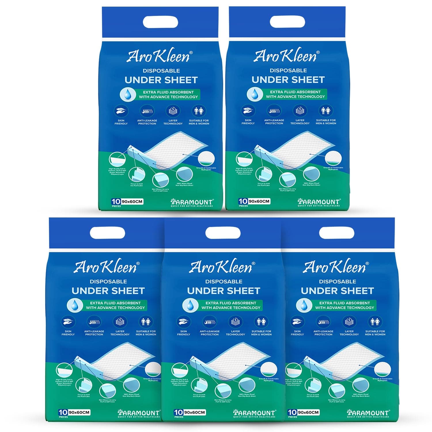 Arokleen Premium Disposable Bed Underpads Large 90x60 CM I 50 Units I Waterproof I Protects Surfaces from Incontinence I Super Soft Polymer Pack of 5