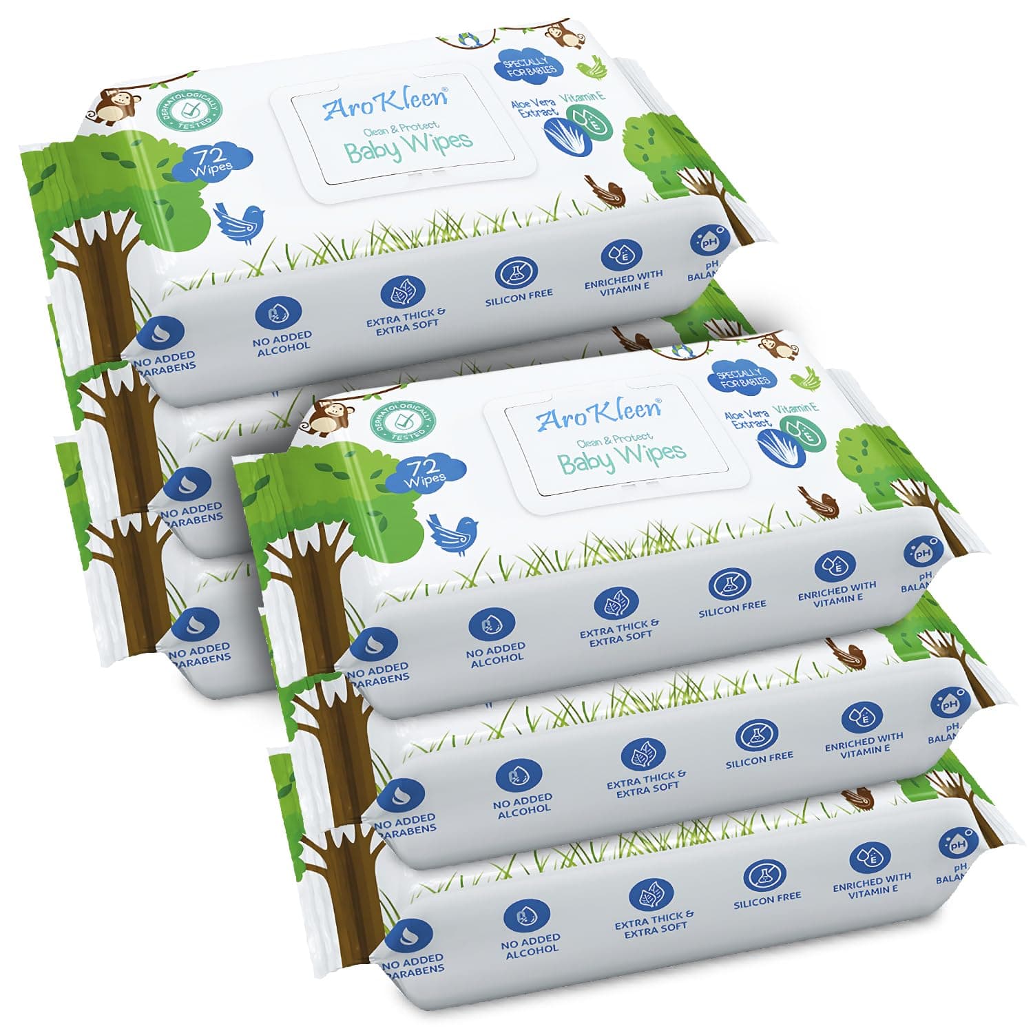 AROKLEEN Baby Wipes Aloe Vera & Vitamin E 432 Count Thick & Soft Wipes Gentle & Moisturizing Dermatologically Tested Pack of 6