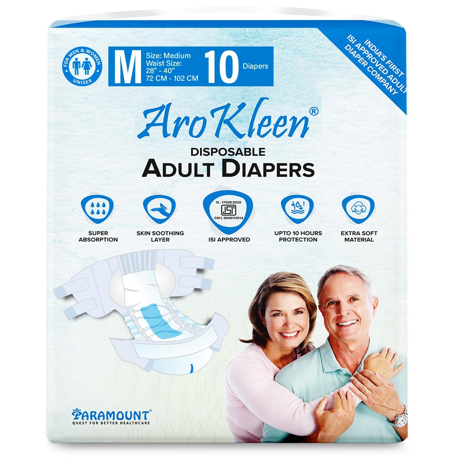 AroKleen (ISI CERTIFIED) Adult Diapers Tape Style | Medium (M) Size, 10 Count, Waist Size (72-102cm | 28"- 40" inches), Unisex, High Absorbency, Leak Proof, Overnight Protection, Odour lock, Anti-Bacterial Absorbent Core-Pack of 1