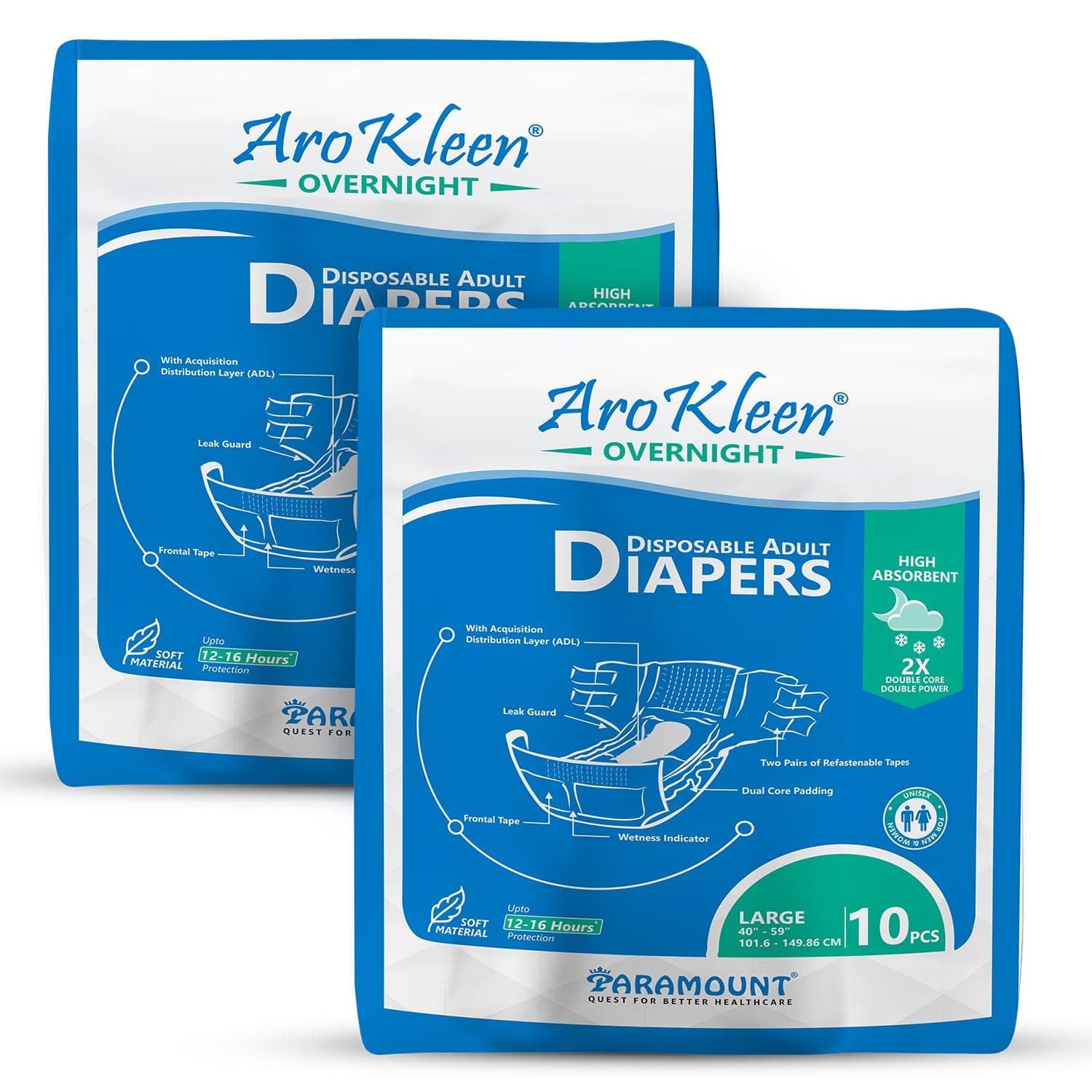 AroKleen 2X Dual Core Overnight 20 Count Adult Diapers Tape Style | Large (L) | Waist Size 101-150 Cm (40"- 59") | 16 hr Absorption Protection | Unisex | Leak Proof | Wetness Indicator- Pack of 2