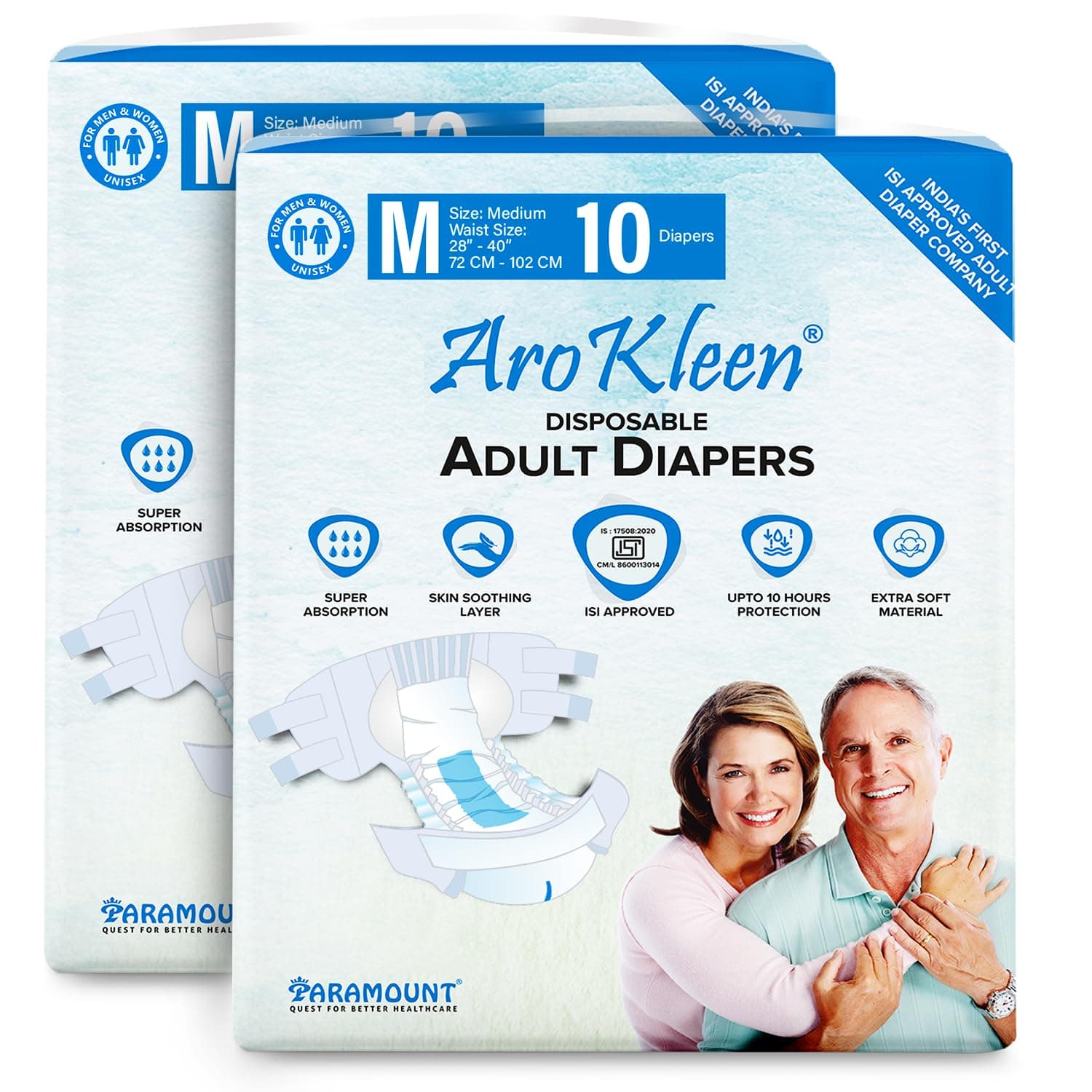 AroKleen (ISI CERTIFIED) Adult Diapers Tape Style | Medium (M) Size, 20 Count, Waist Size (72-102cm | 28"- 40" inches), Unisex, High Absorbency, Leak Proof, Overnight Protection, Odour lock, Anti-Bacterial Absorbent Core-Pack of 2