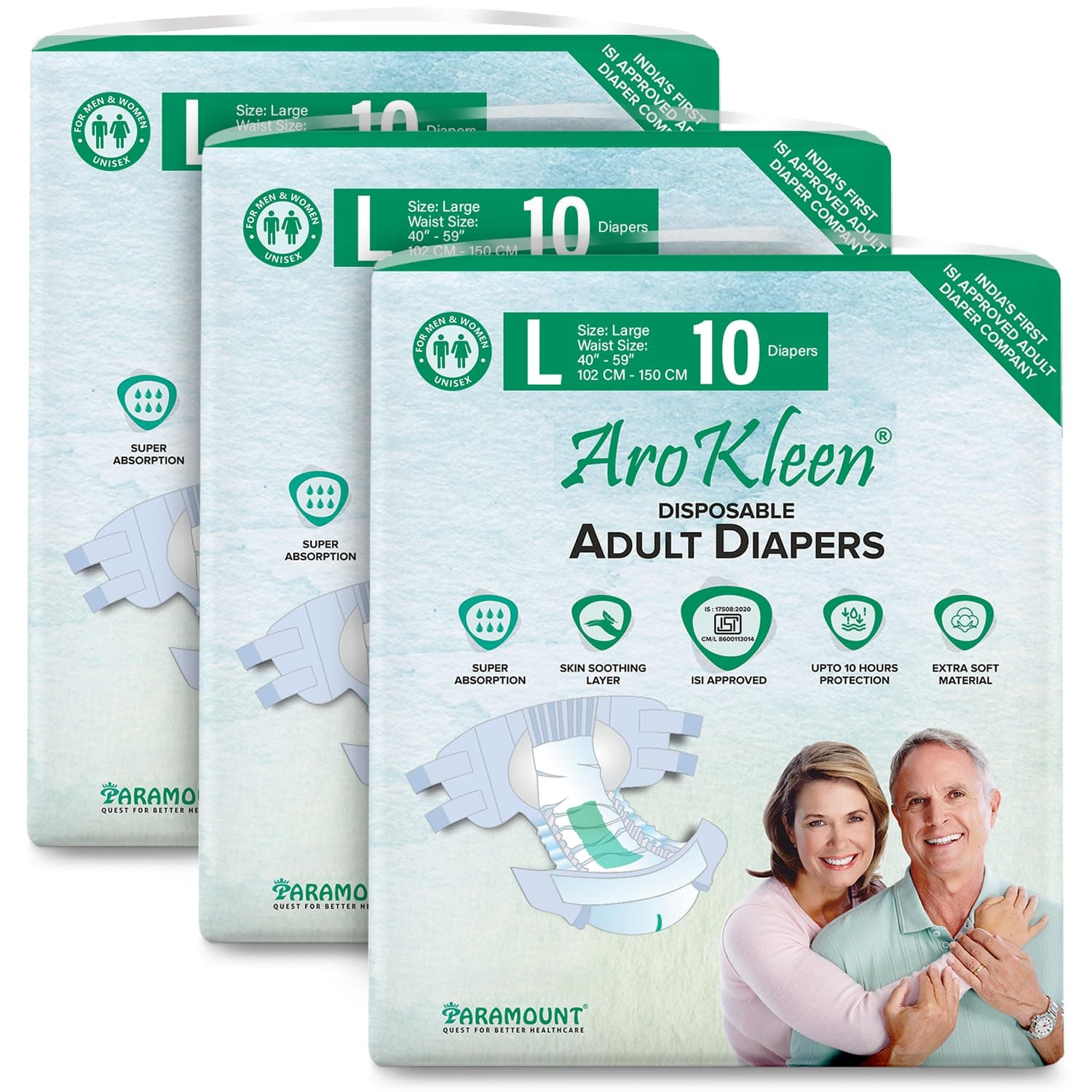 AroKleen (ISI CERTIFIED) Adult Diapers Tape Style | Large (L) Size, 30 Count, Waist Size (102-150cm | 40"-59" inches), Unisex, High Absorbency, Leak Proof, Overnight Protection, Odour lock, Anti-Bacterial Absorbent Core-Pack of 3