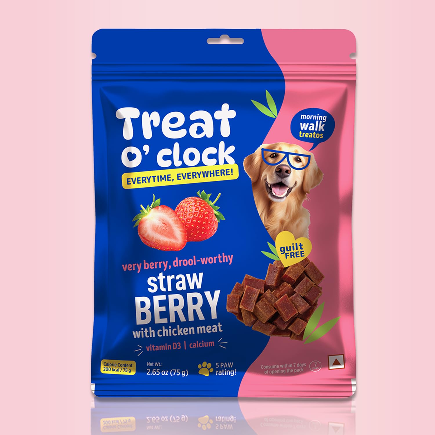 Natural Remedies Treat O'clock Strawberry with Chicken Meat Treats- 75 gm, Morning Food, Snacks, Chews, Sticks, Cubes for Dogs, Cats and Pups of All Breeds, Gluten Free with Vitamin D3 and Calcium