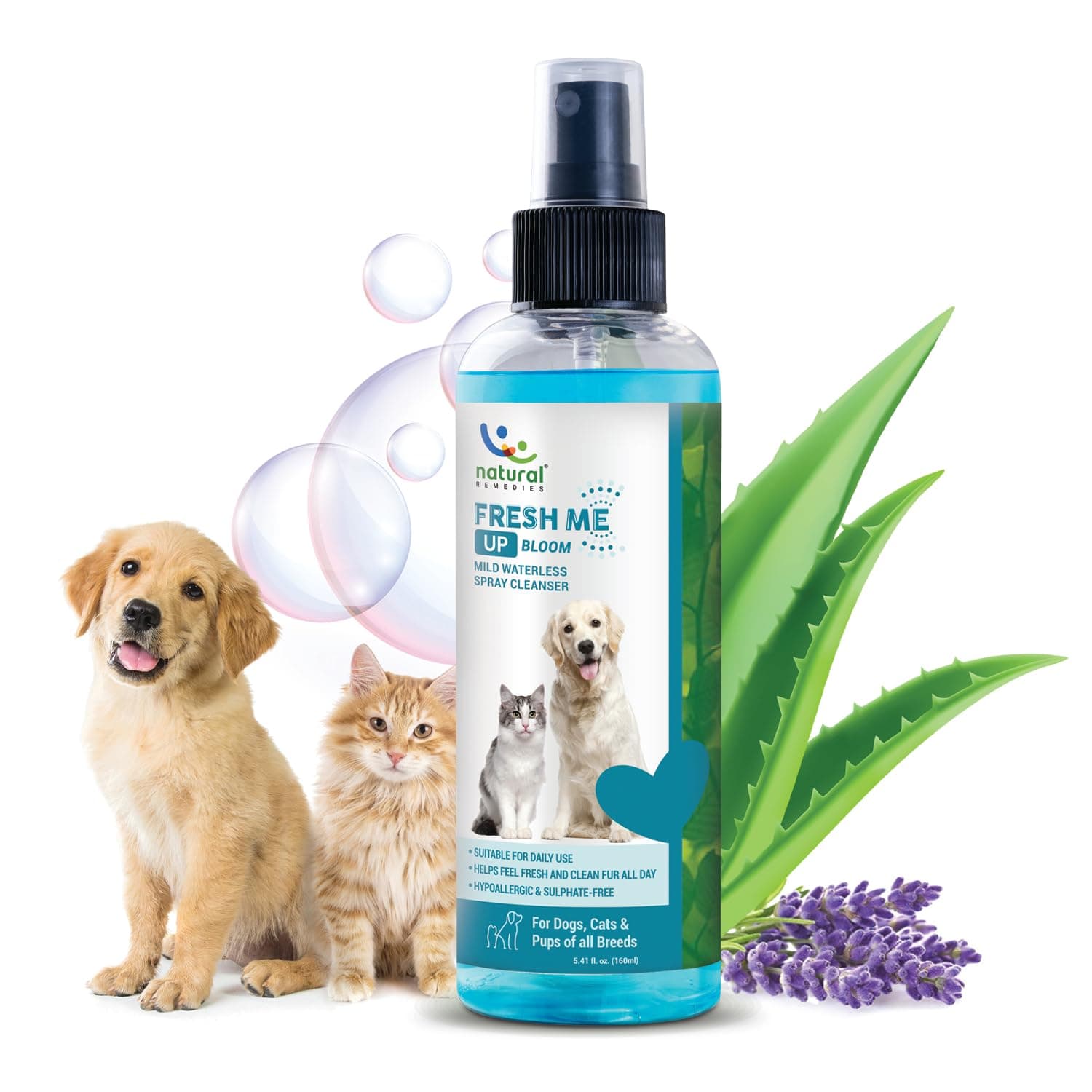 Natural Remedies Fresh Me Up Bloom Mild Waterless Spray Cleanser for Dogs & Cats of All Breeds, Odor Control, Deep Cleans, Hydrates, Pet Grooming Shampoo, Lick Safe, Hypoallergenic, 160ml