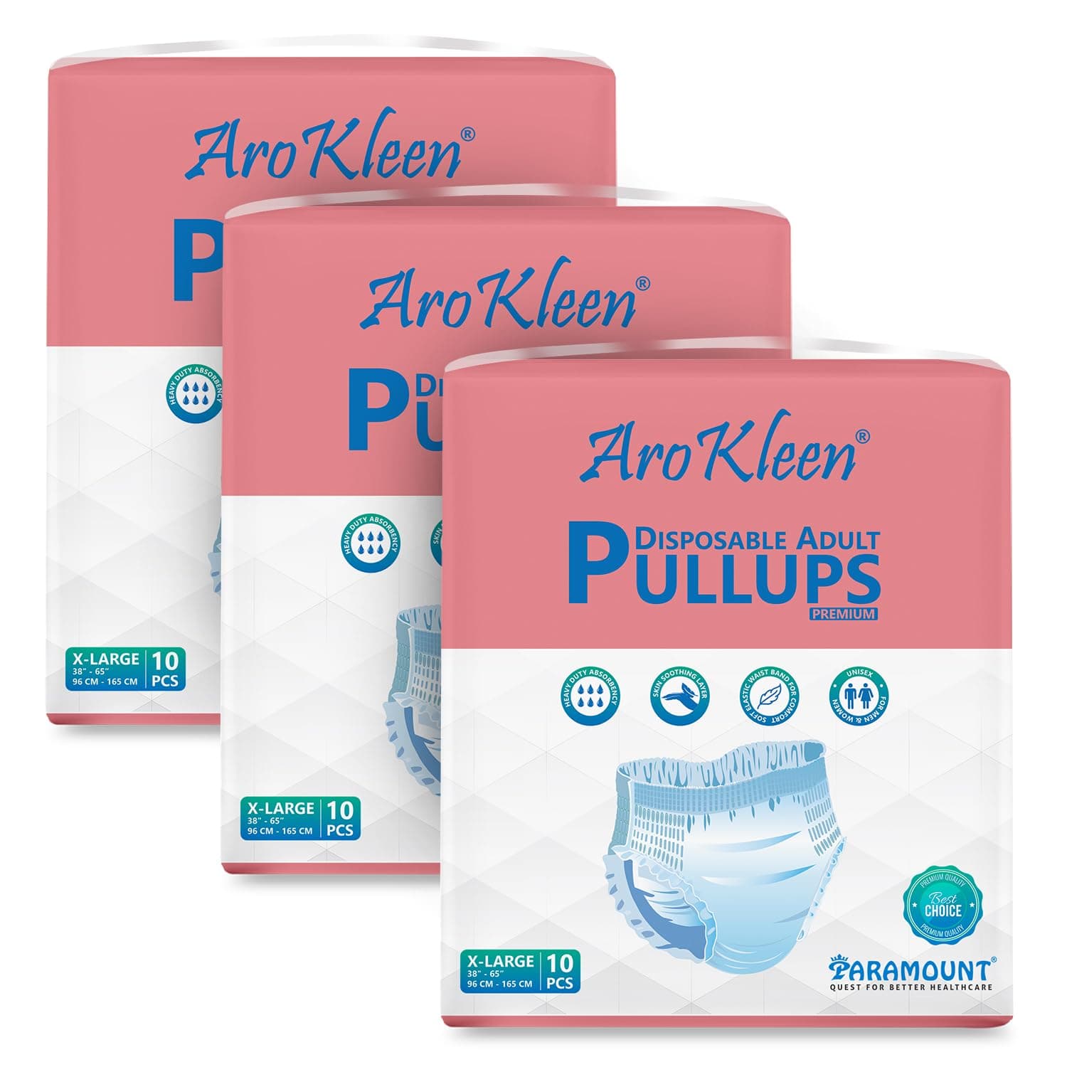 AROKLEEN Premium Adult Pull-Up Diaper Pants Extra Large Size, 30 Count | Waist Size 96-165 CM | 38"-65" Inches | Unisex | High Absorbency | Leak-Proof Protection Pack of 3