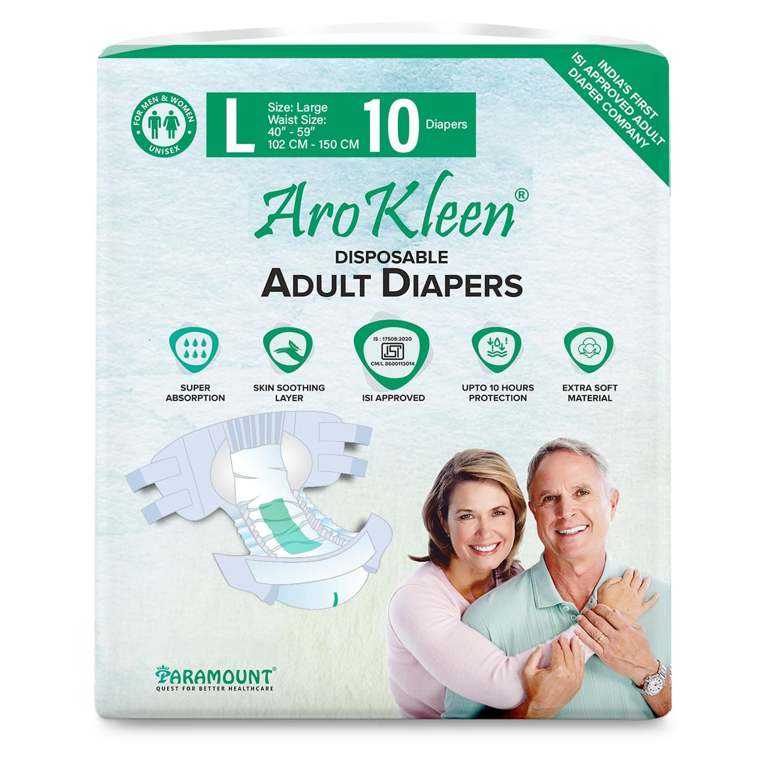 AroKleen (ISI CERTIFIED) Adult Diapers Tape Style | Large (L) Size, 10 Count, Waist Size (102-150cm | 40"-59" inches), Unisex, High Absorbency, Leak Proof, Overnight Protection, Odour lock, Anti-Bacterial Absorbent Core-Pack of 1