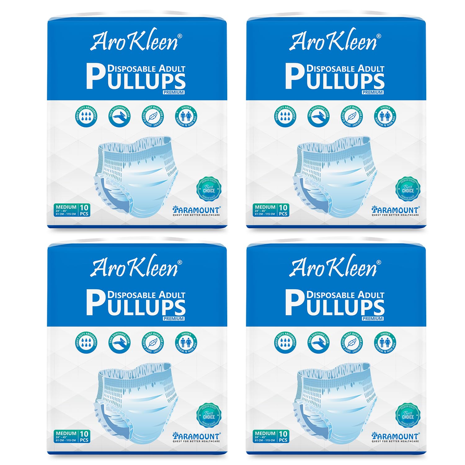 AROKLEEN Premium Adult Pull-Up Diaper Pants Medium Size, 40 Count | Waist Size 61-115 CM | 24"-45" Inches | Unisex | High Absorbency | Leak-Proof Protection Pack of 4