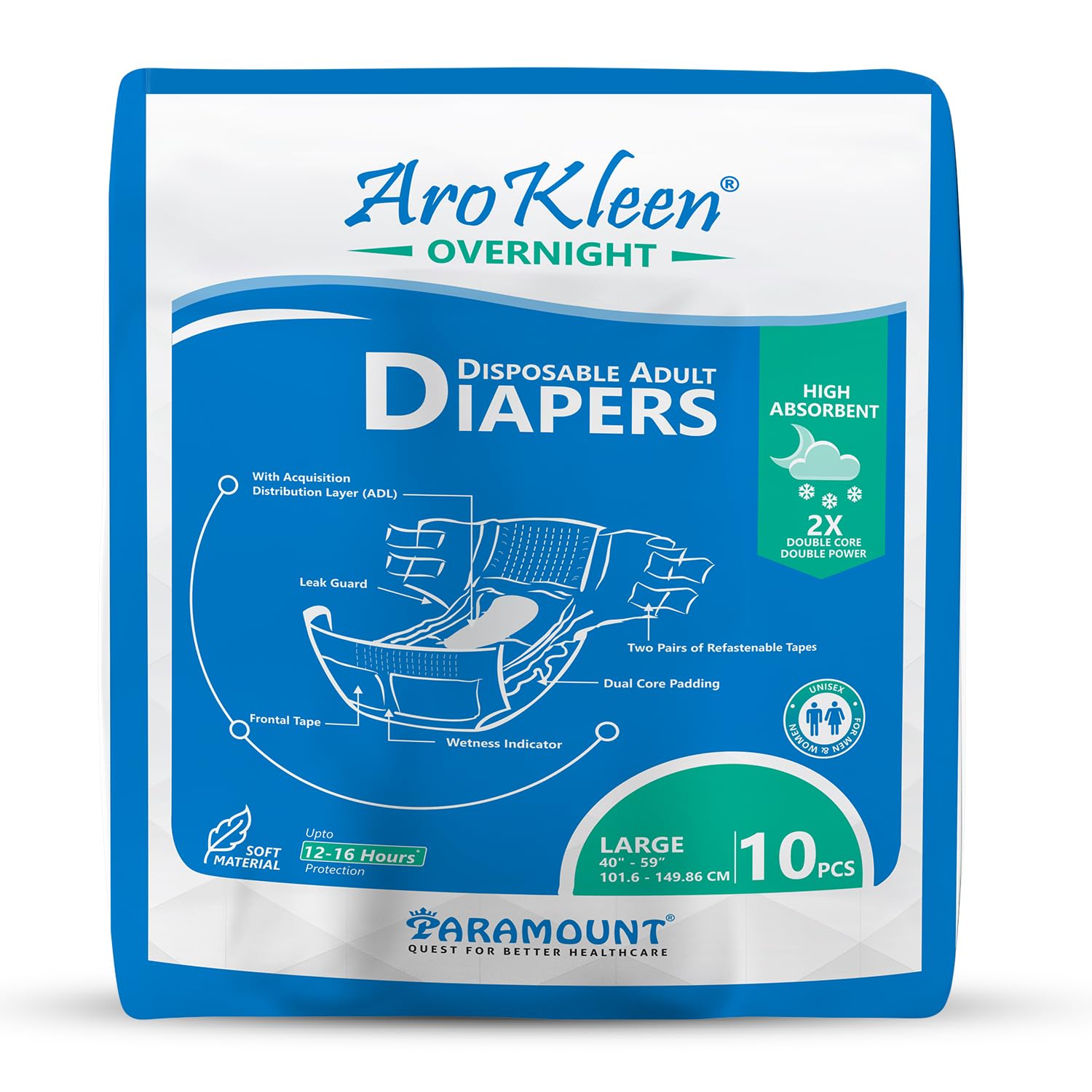 AroKleen 2X Dual Core Overnight 10 Count Adult Diapers Tape Style | Large (L) | Waist Size 101-150 Cm (40"- 59") | 16 hr Absorption Protection | Unisex | Leak Proof | Wetness Indicator- Pack of 1