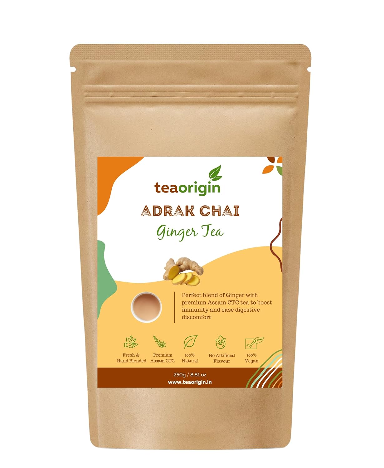 Tea Origin Adrak Chai | 100% Natural Ingredients- Premium Assam CTC Tea, Ginger | Improves Digestion, Promotes Immunity | 250gm, Serves 100+ Cups